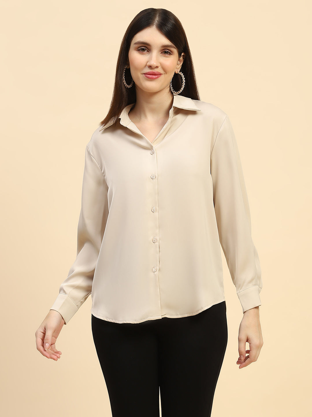 Sand Solid Satin Relaxed Fit Shirt