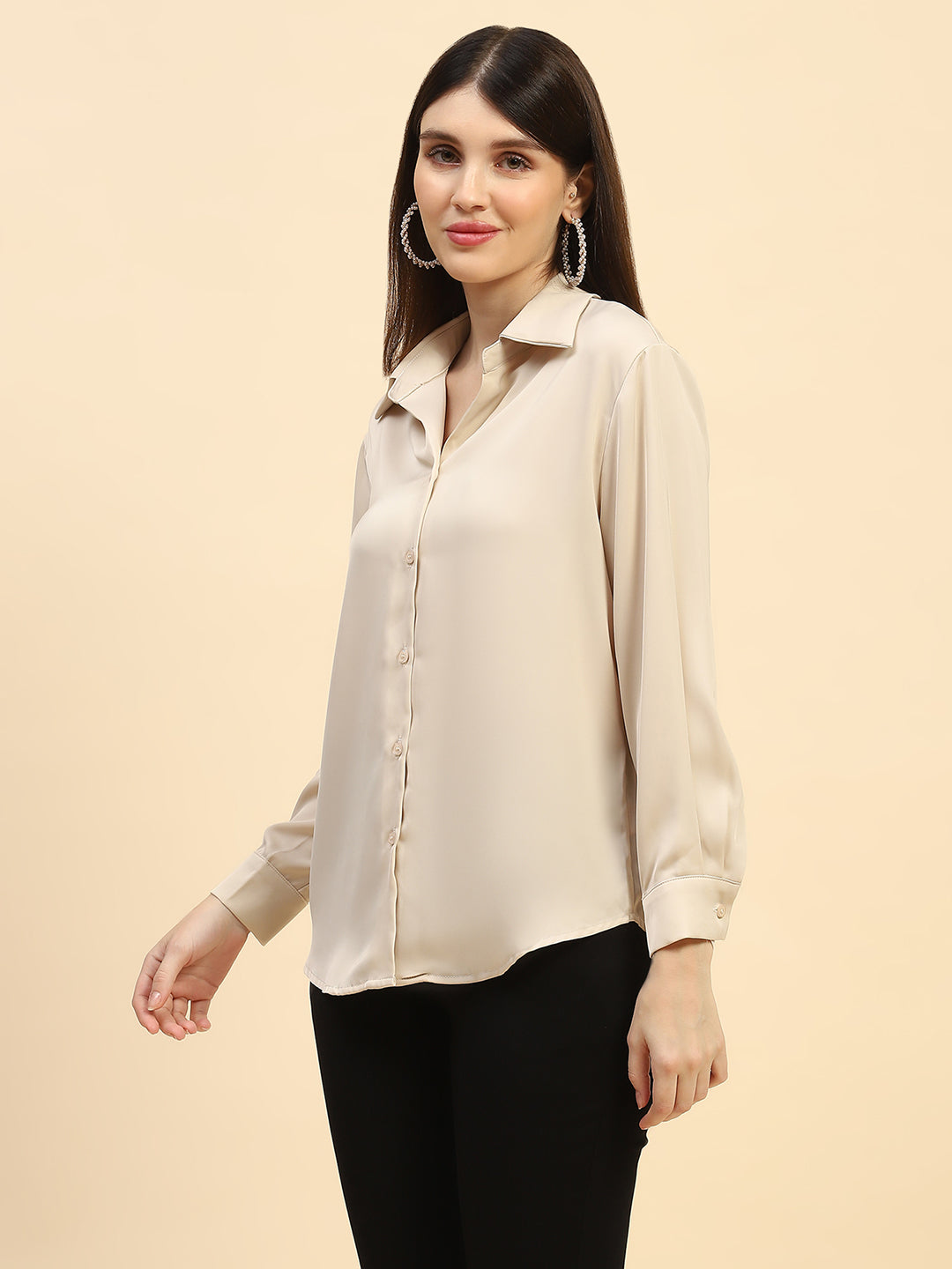 Sand Solid Satin Relaxed Fit Shirt