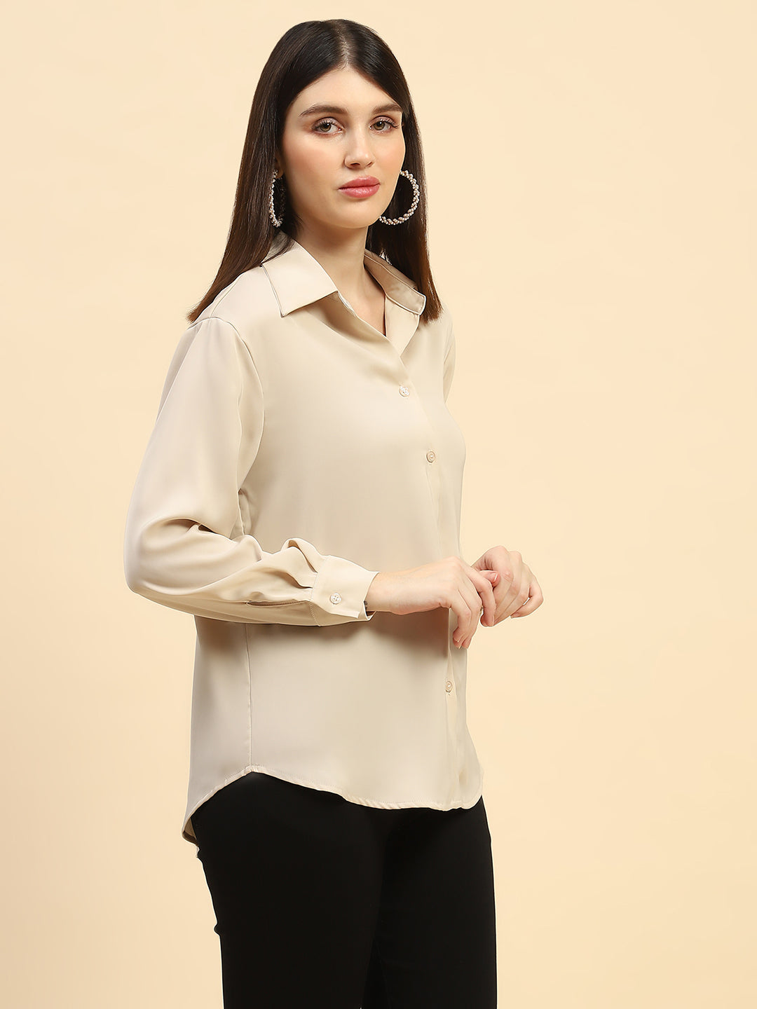 Sand Solid Satin Relaxed Fit Shirt