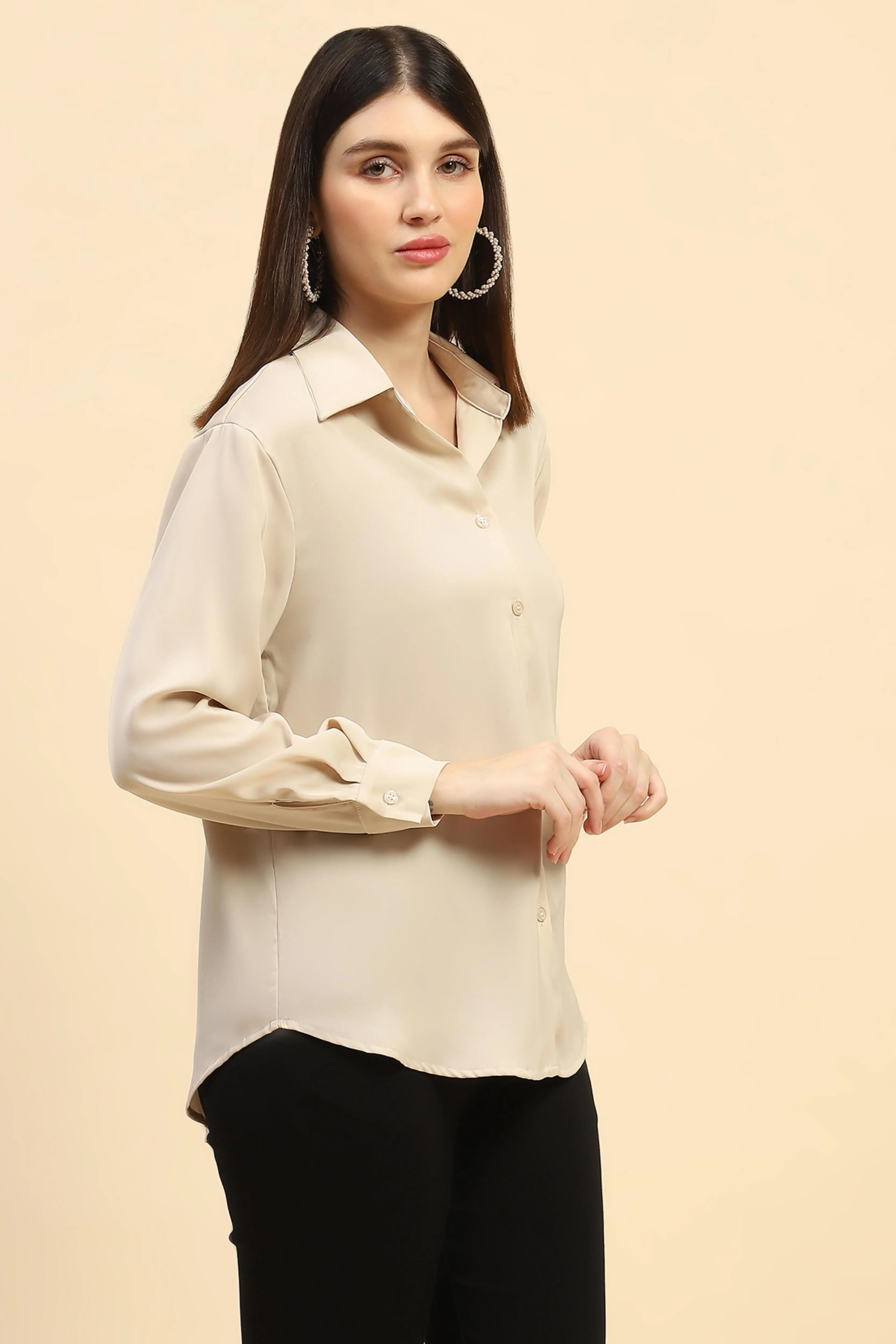 Sand Solid Satin Relaxed Fit Shirt - Global Republic