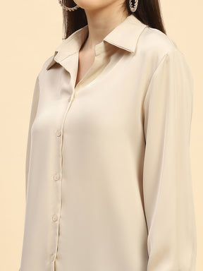 Sand Solid Satin Relaxed Fit Shirt