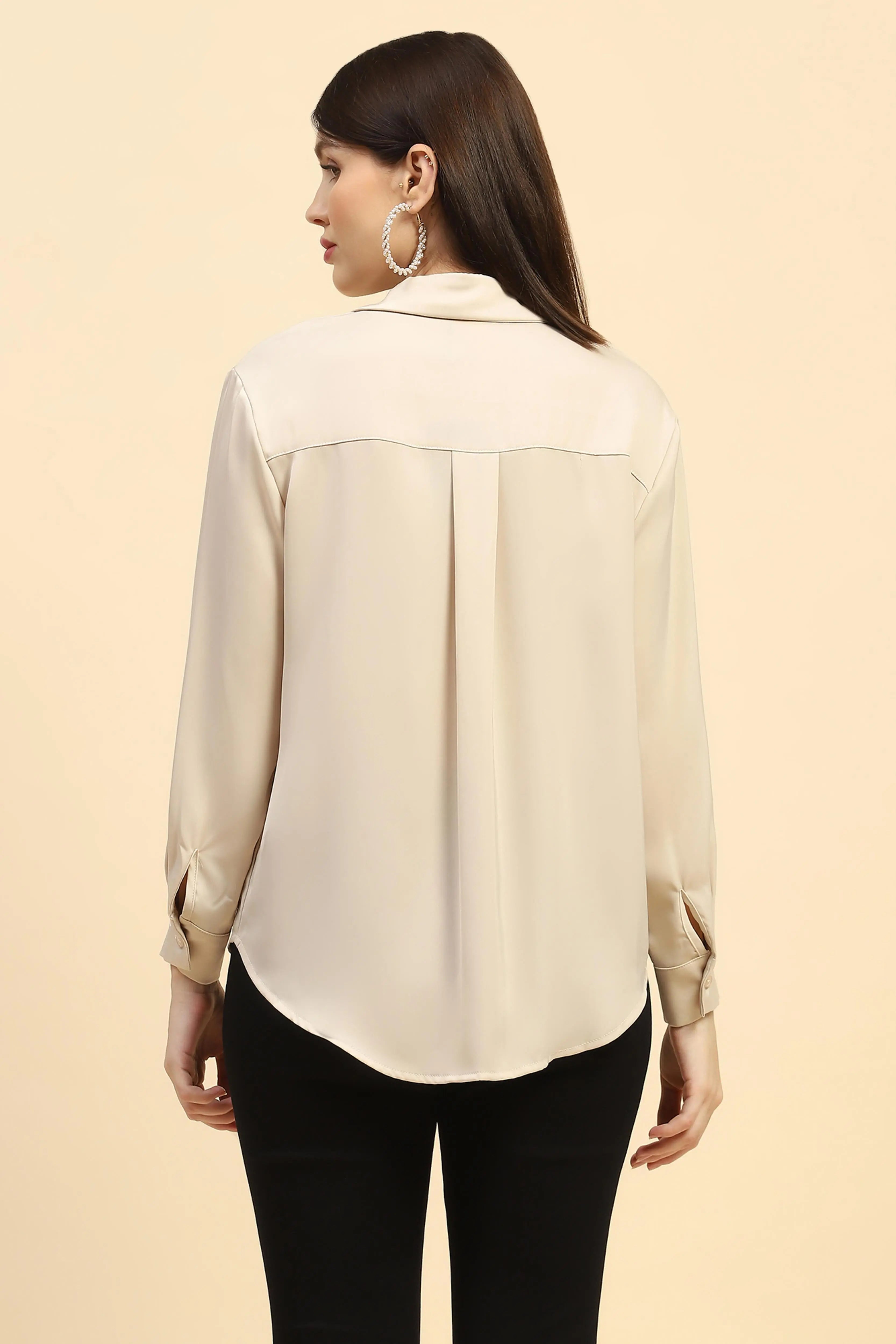 Sand Solid Satin Relaxed Fit Shirt - Global Republic