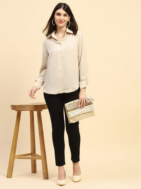 Sand Solid Satin Relaxed Fit Shirt