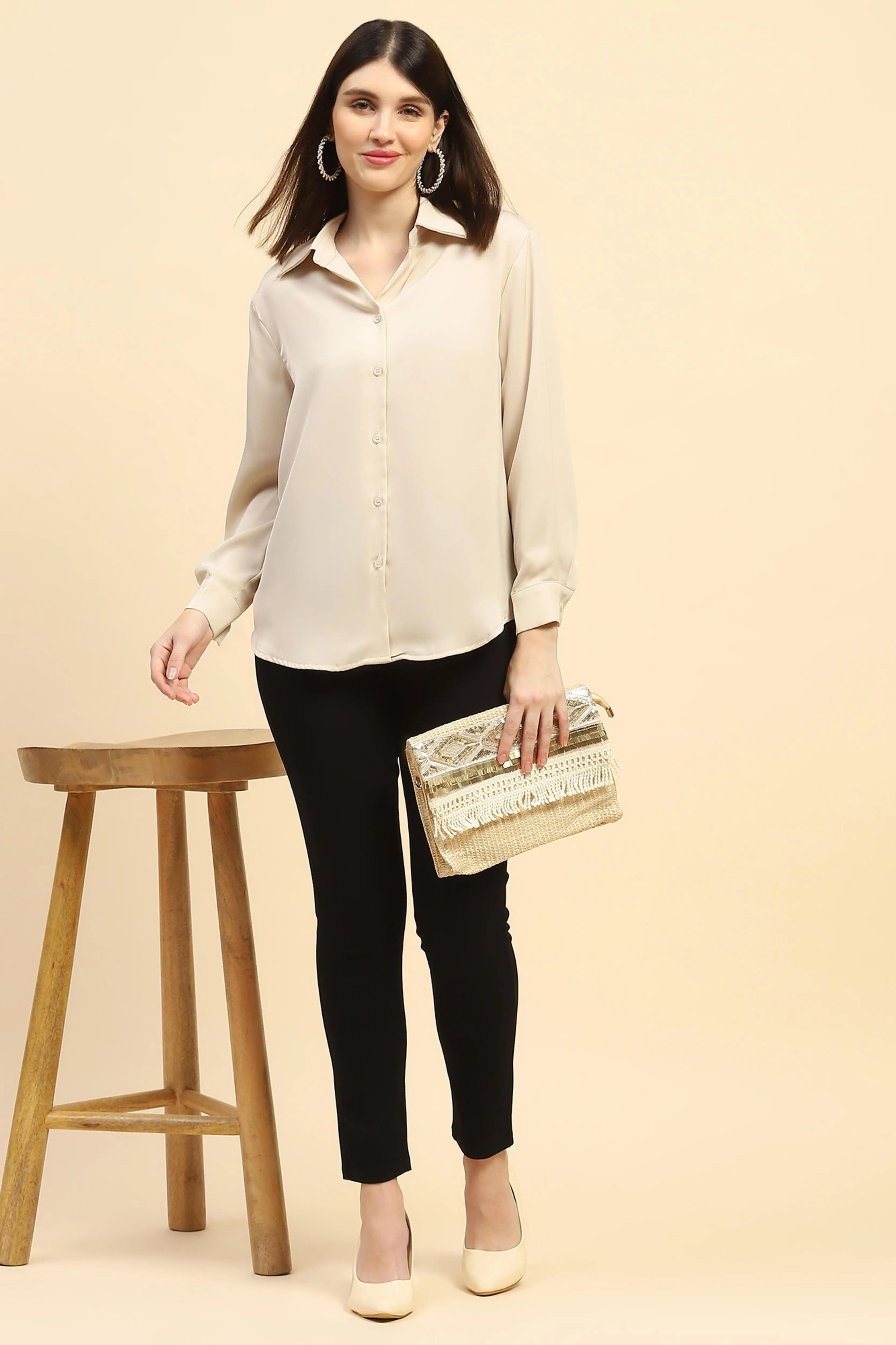 Sand Solid Satin Relaxed Fit Shirt - Global Republic