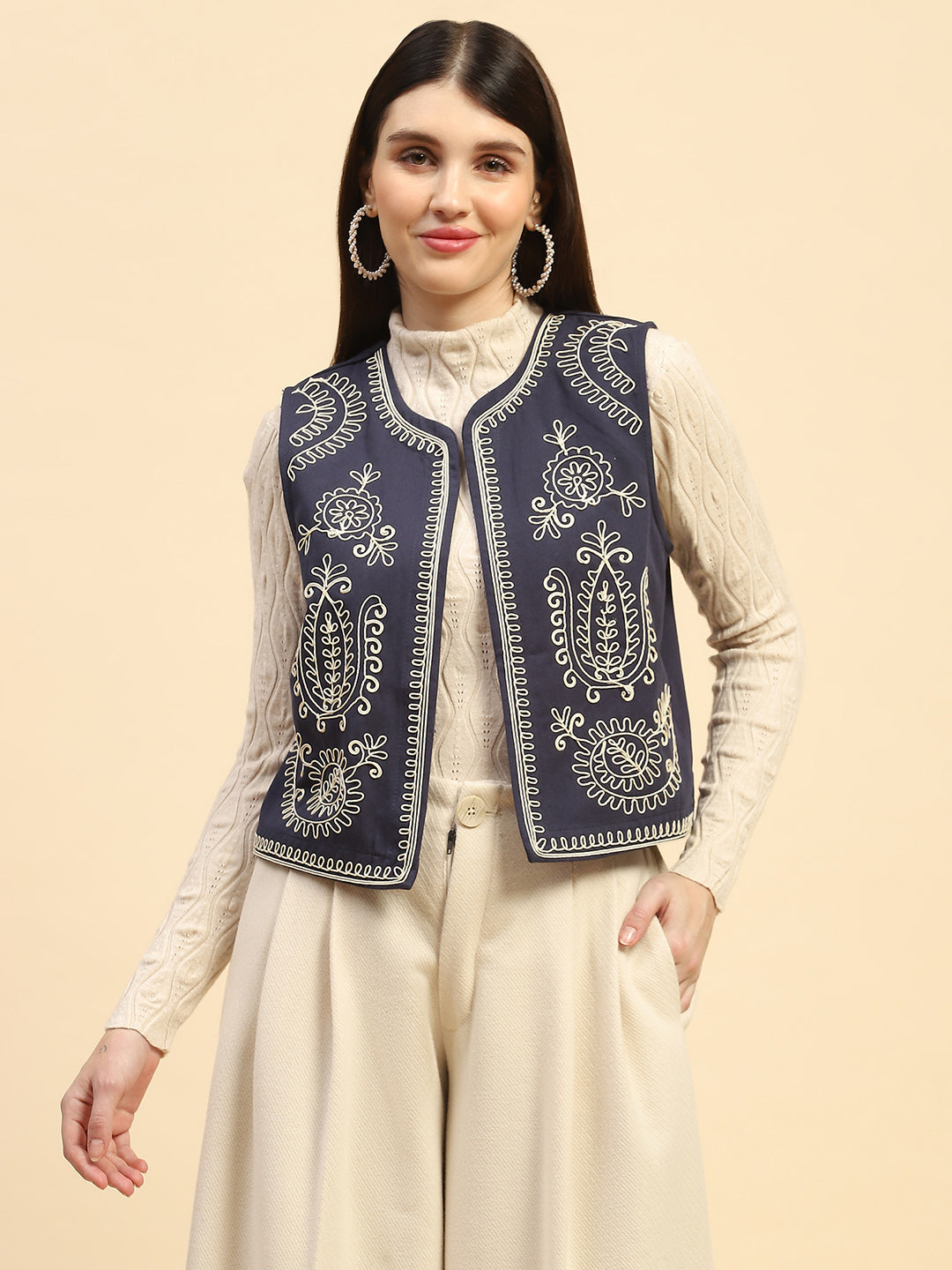 Blue Embroidered Cotton Waist Coat - Global Republic