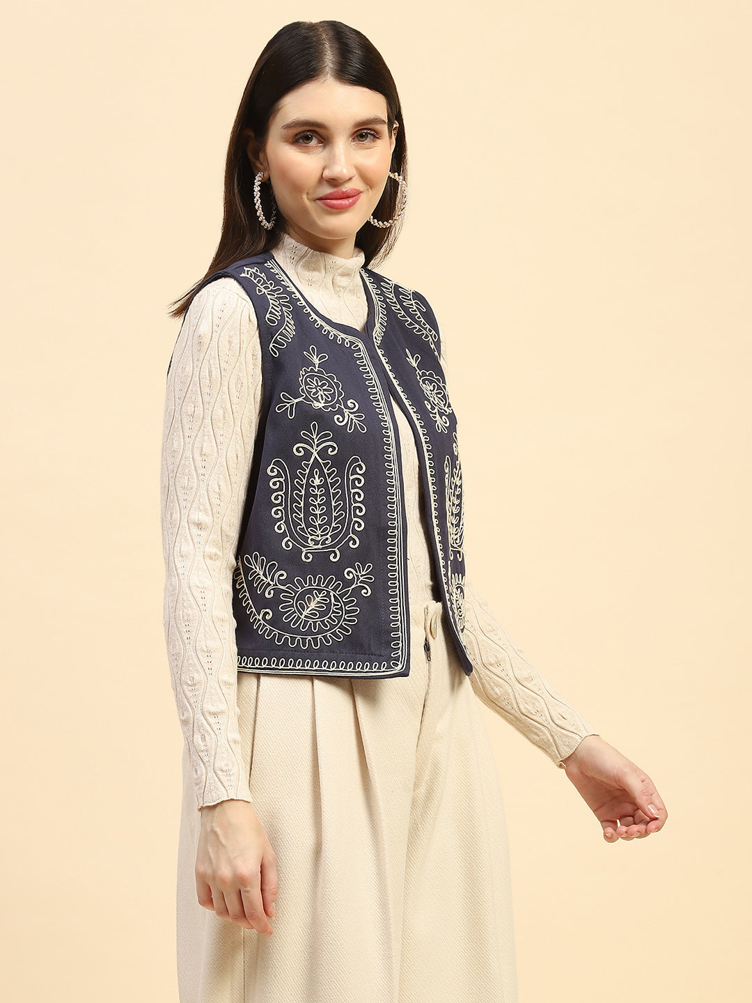 Blue Embroidered Cotton Waist Coat - Global Republic