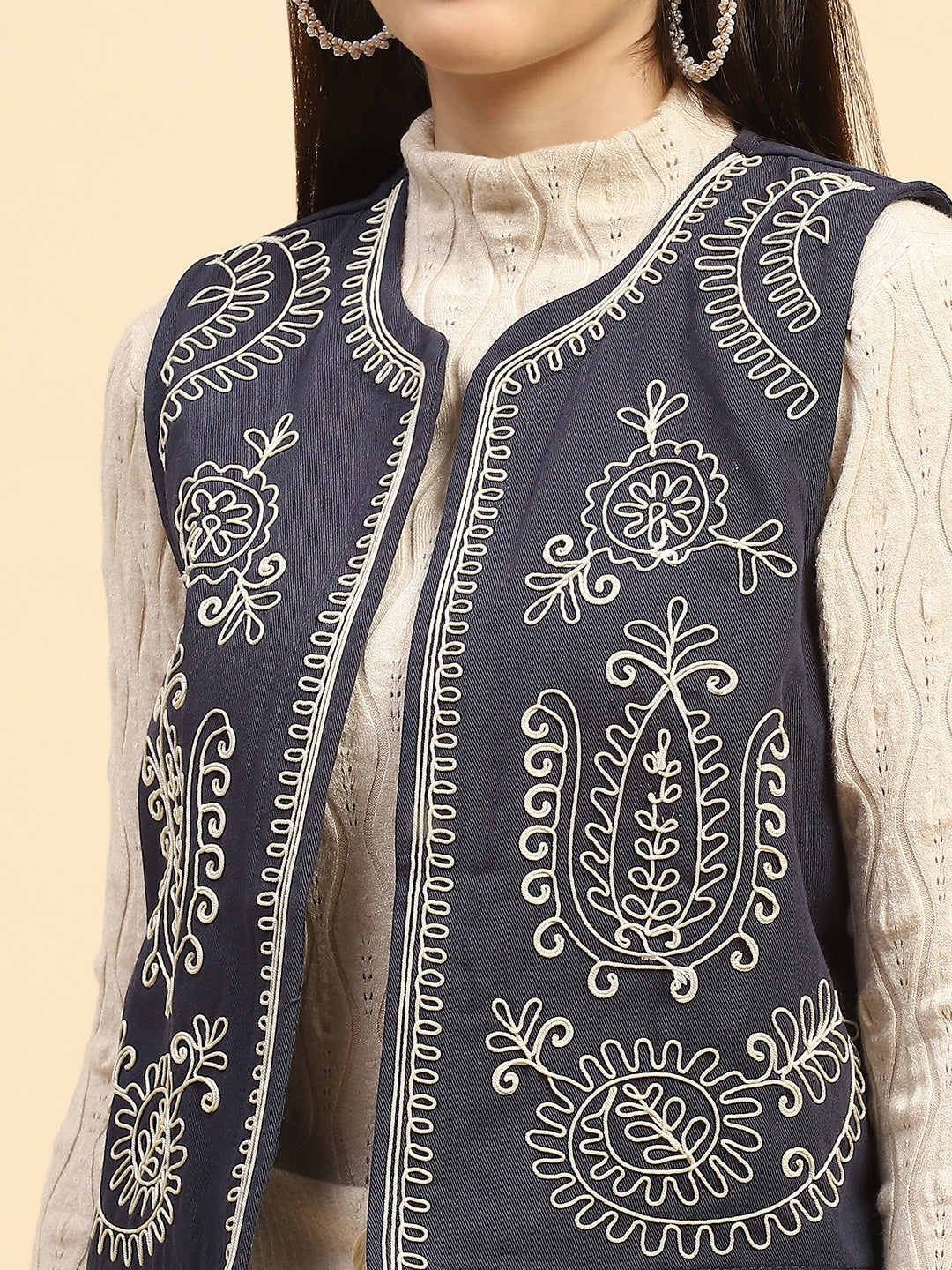 Blue Embroidered Cotton Waist Coat - Global Republic