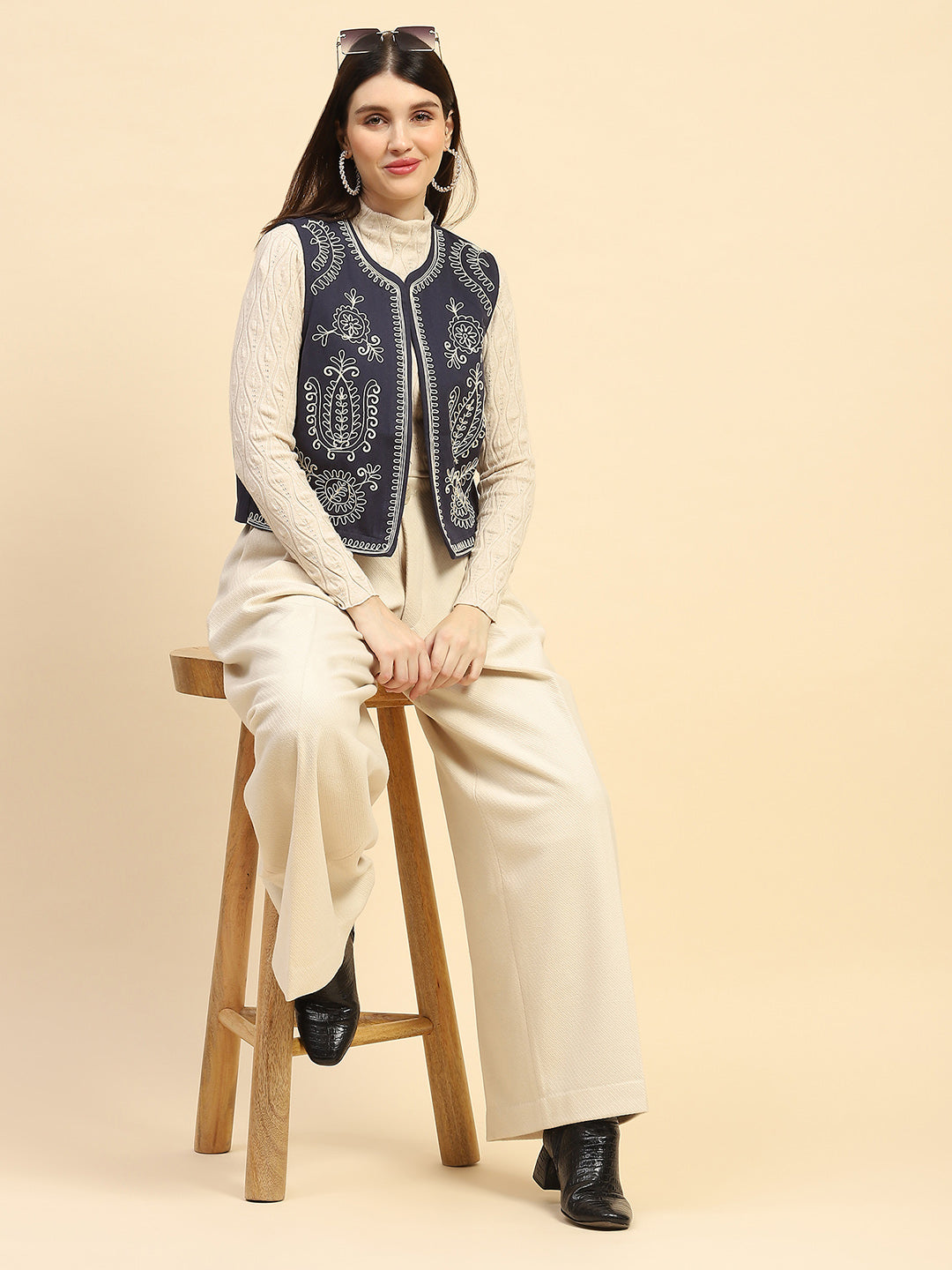 Blue Embroidered Cotton Waist Coat - Global Republic