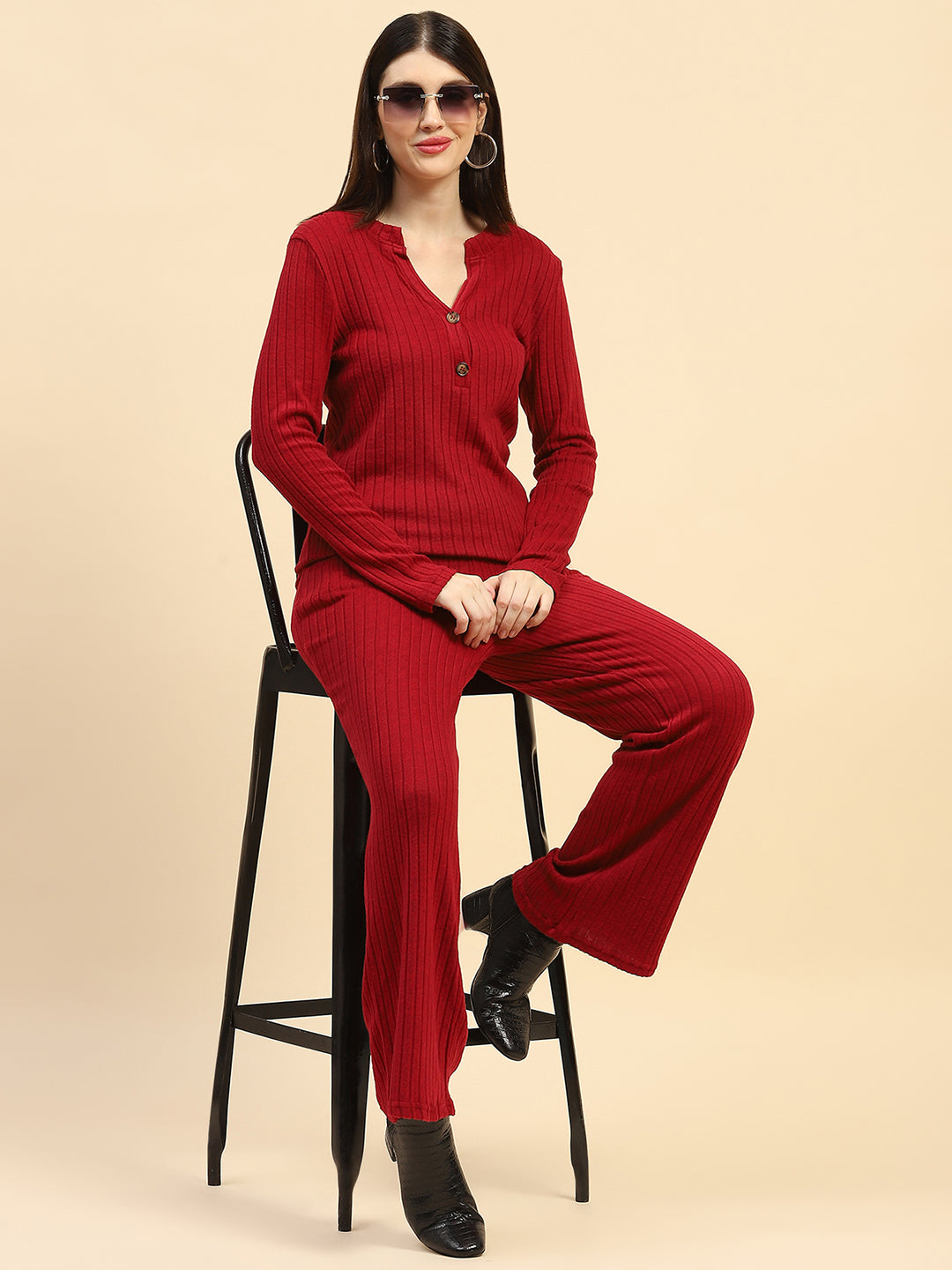Solid Ribbed Slim Fit Night Suit - Global Republic