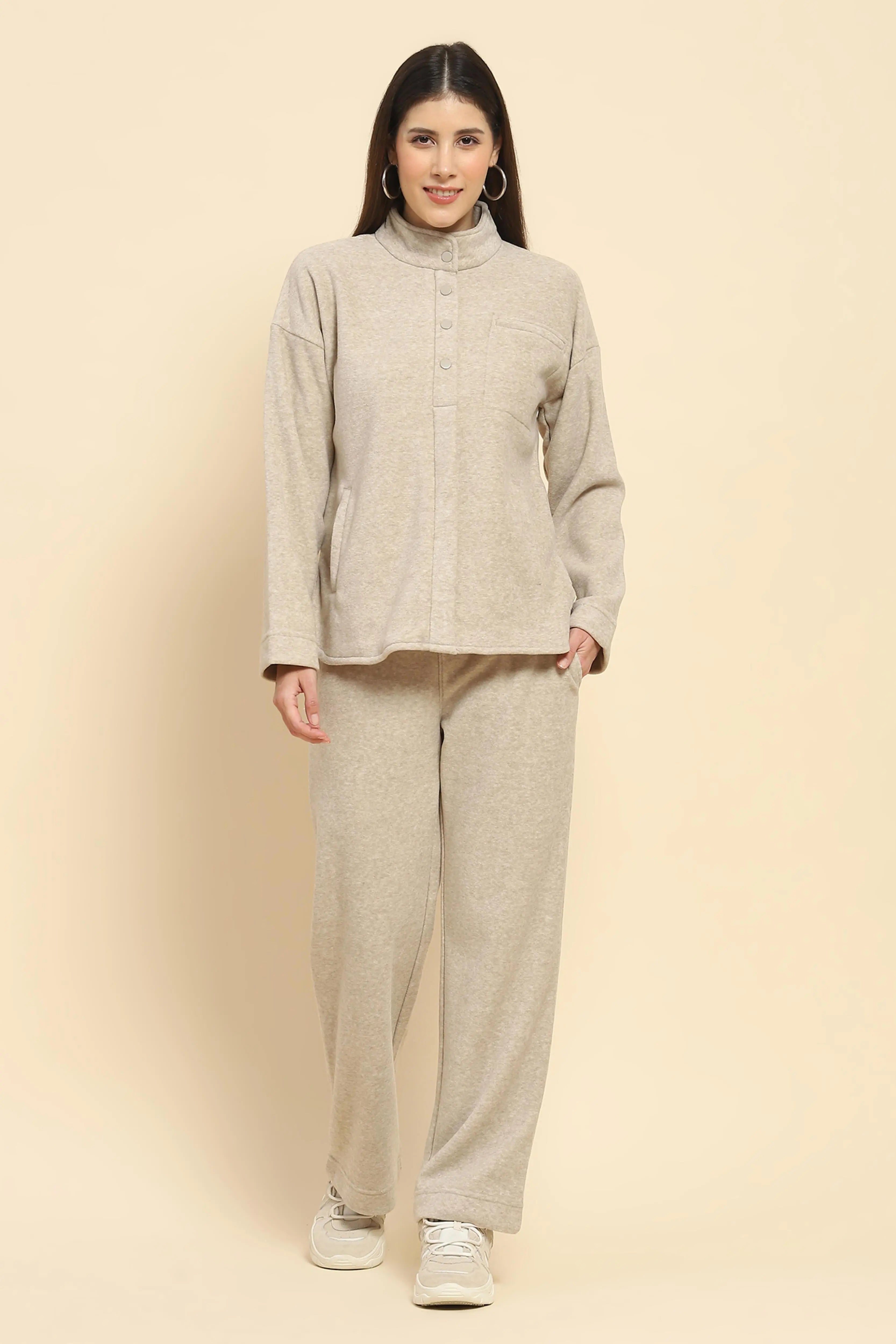 Beige Solid Relaxed Winter Nightsuit - Global Republic