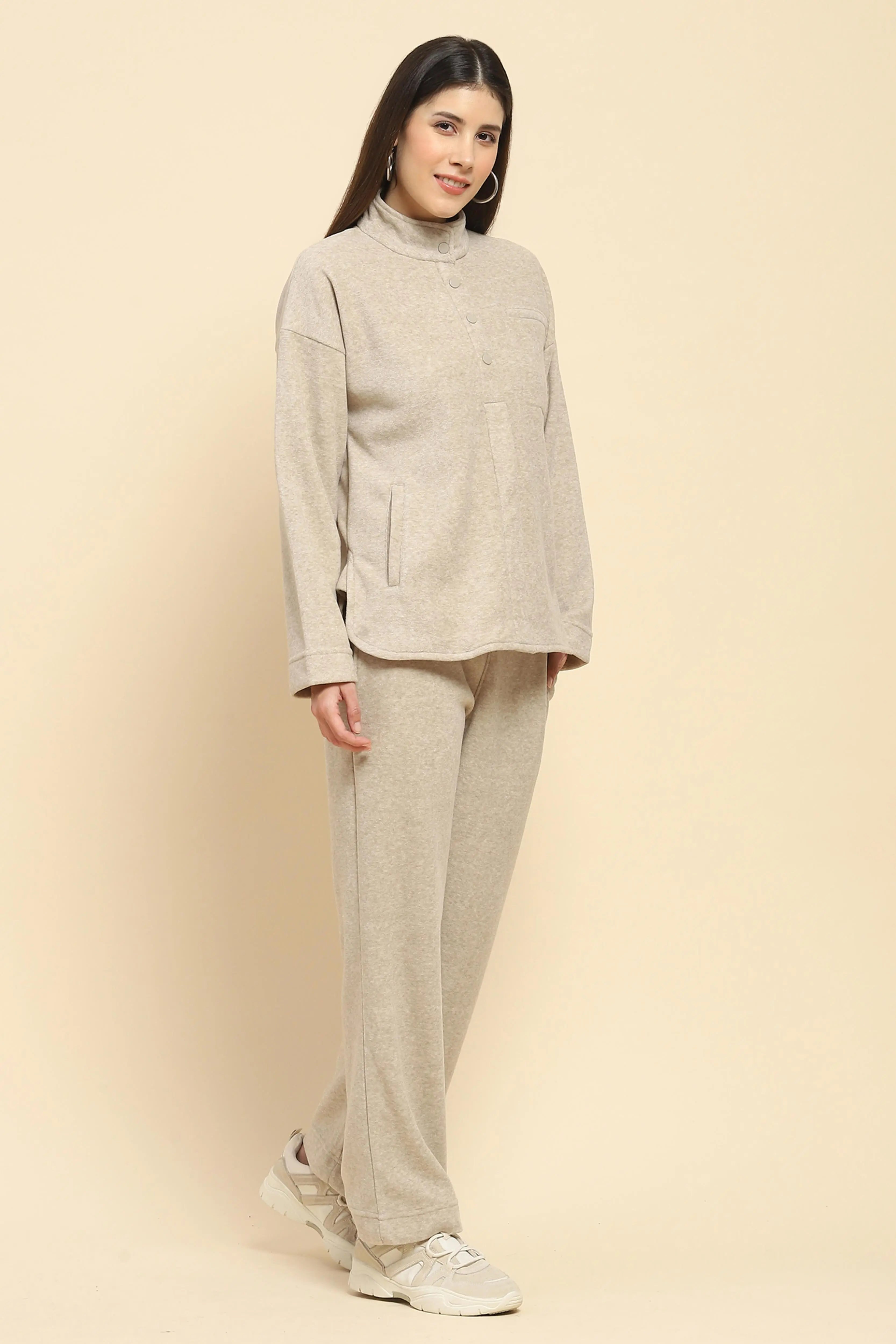 Beige Solid Relaxed Winter Nightsuit - Global Republic