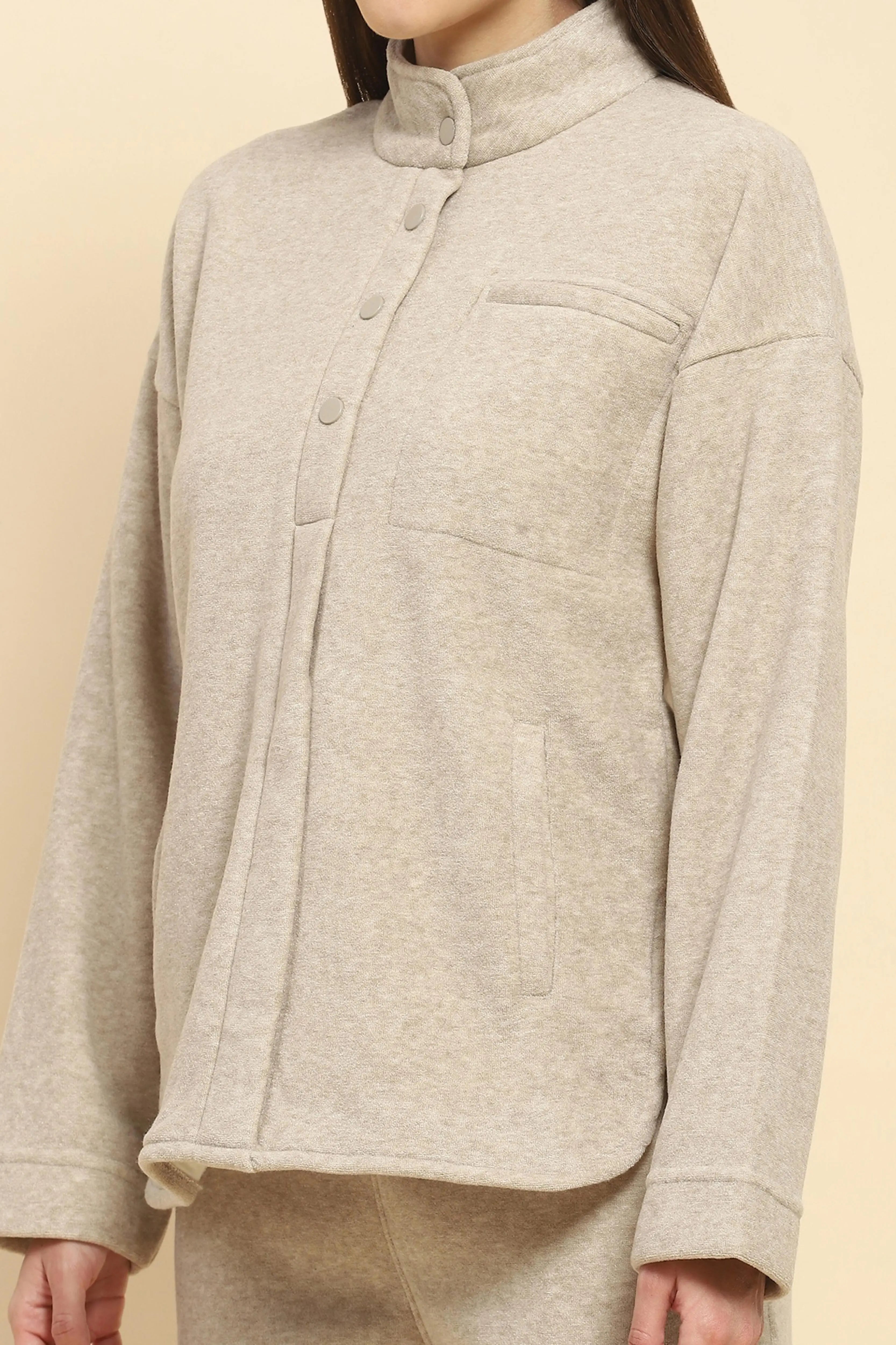 Beige Solid Relaxed Winter Nightsuit - Global Republic