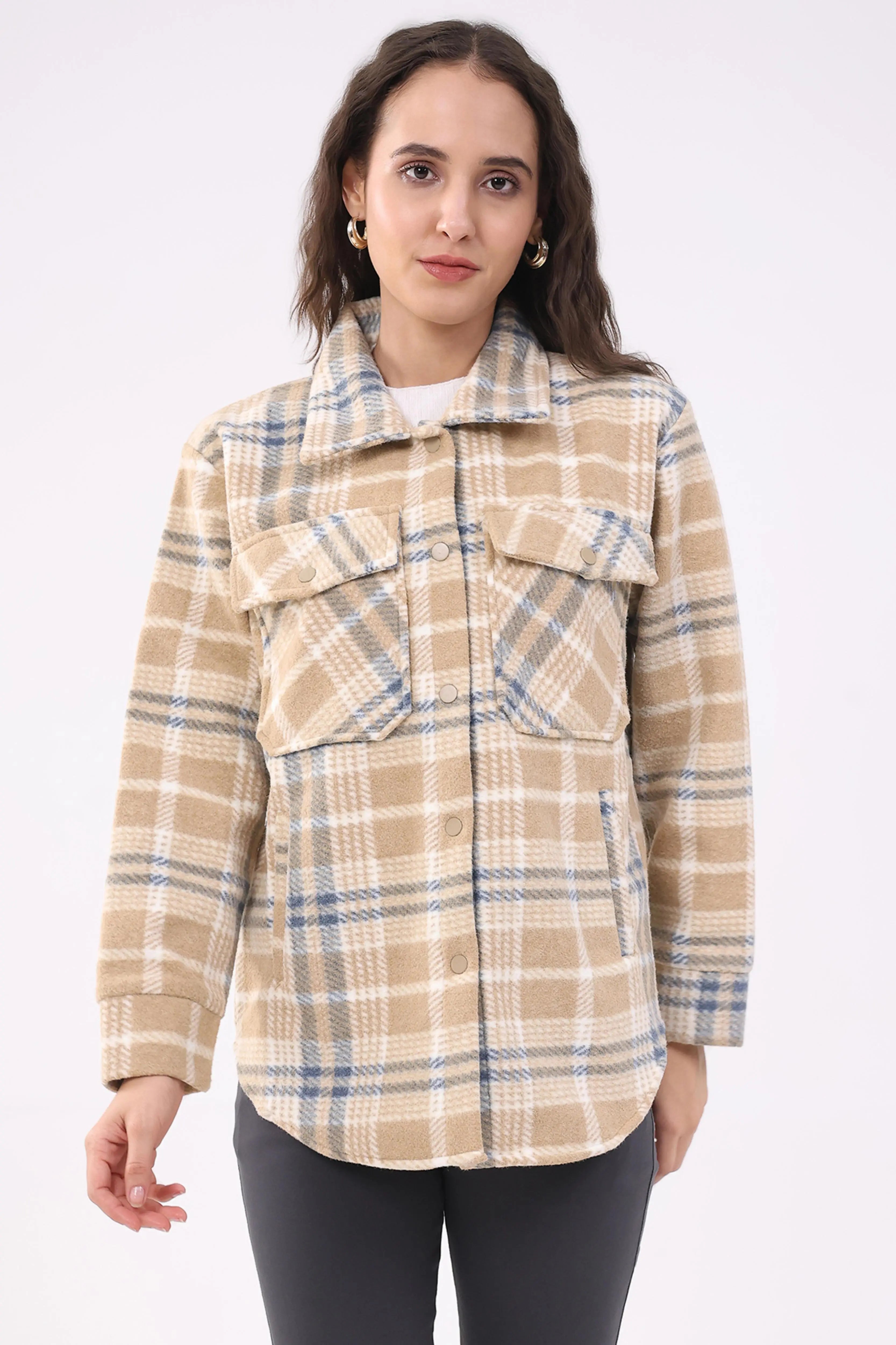 Beige Checked Wool Blend Winter Shacket - Global Republic