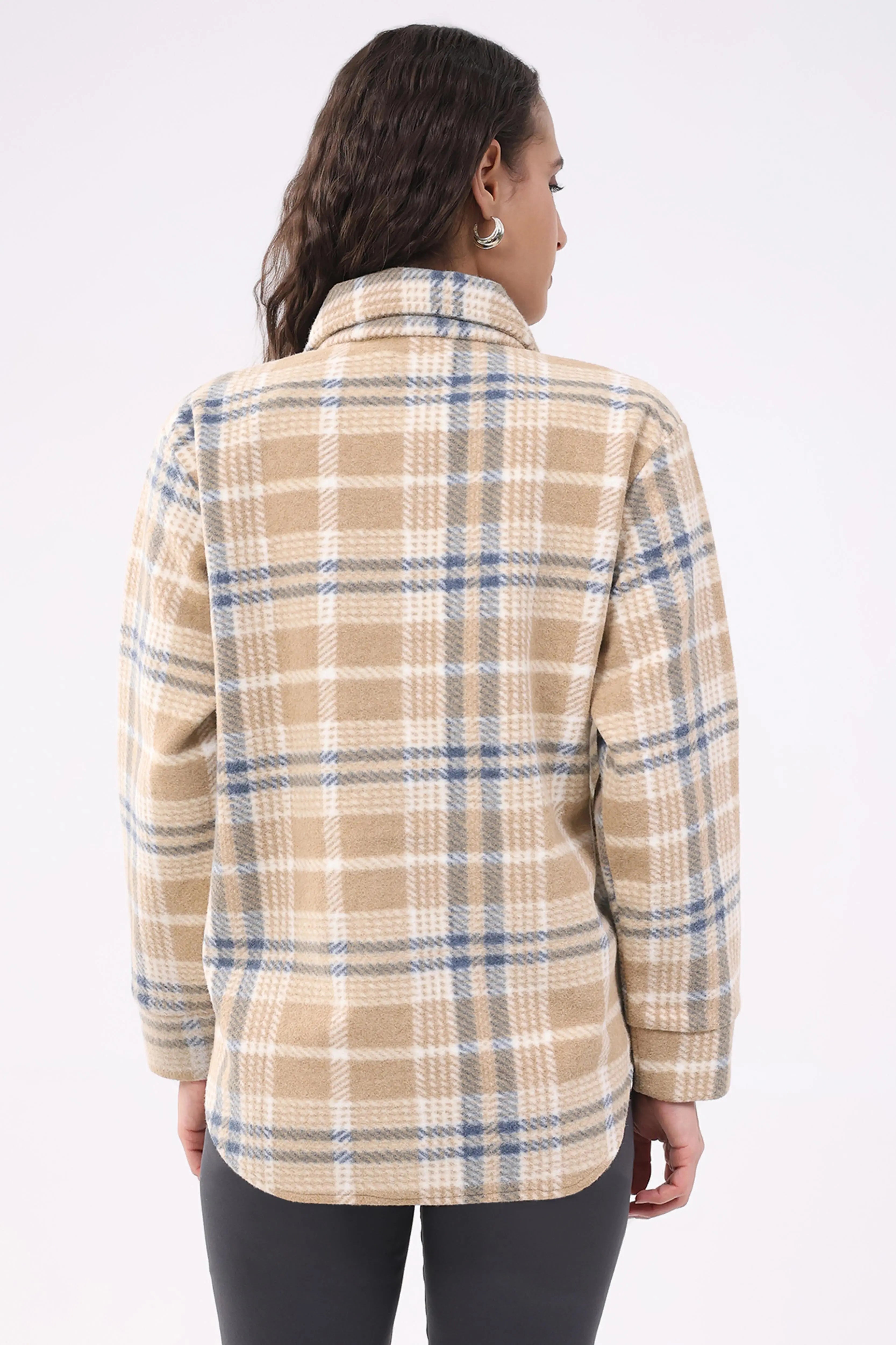 Beige Checked Wool Blend Winter Shacket - Global Republic