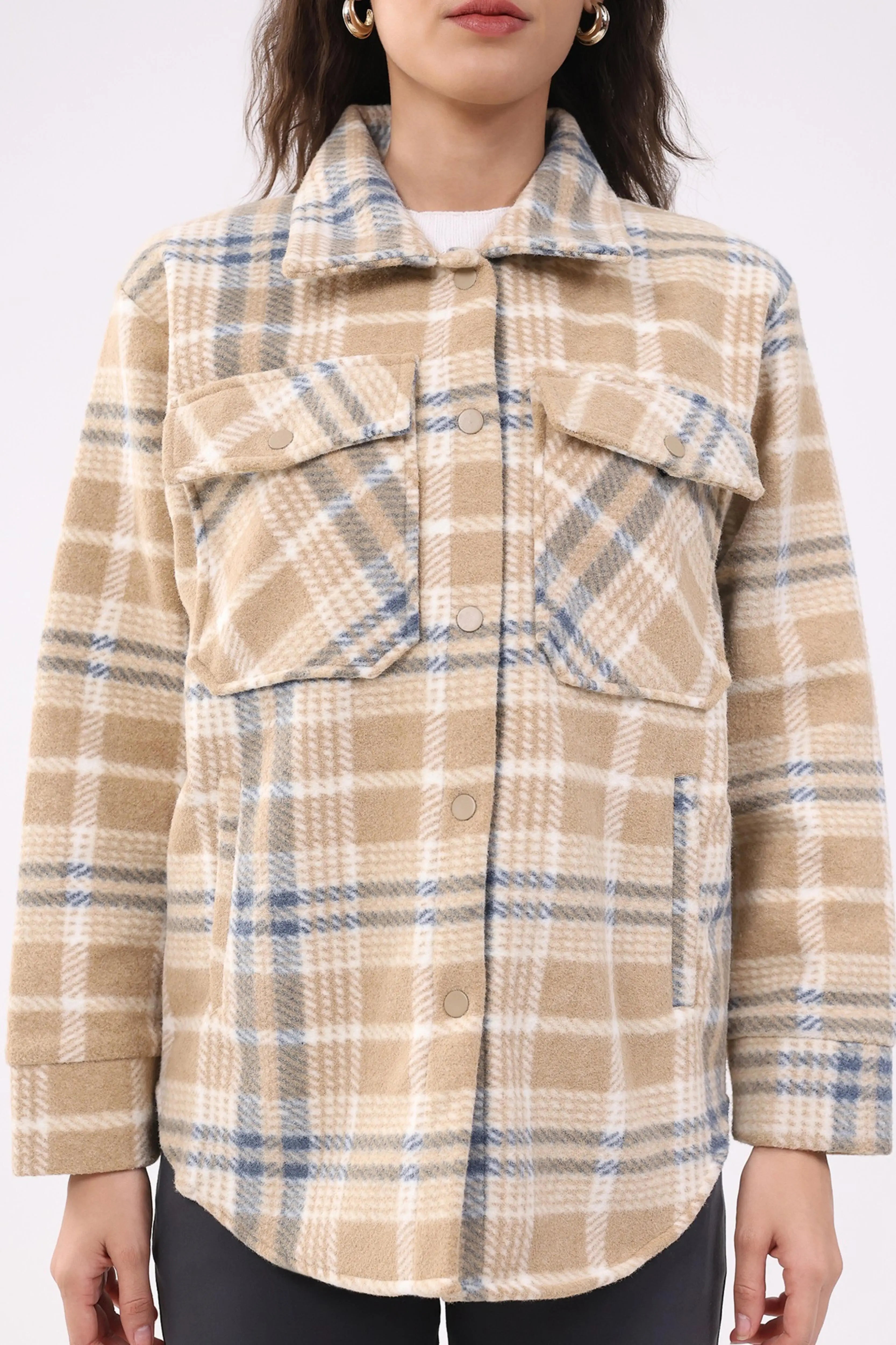 Beige Checked Wool Blend Winter Shacket - Global Republic