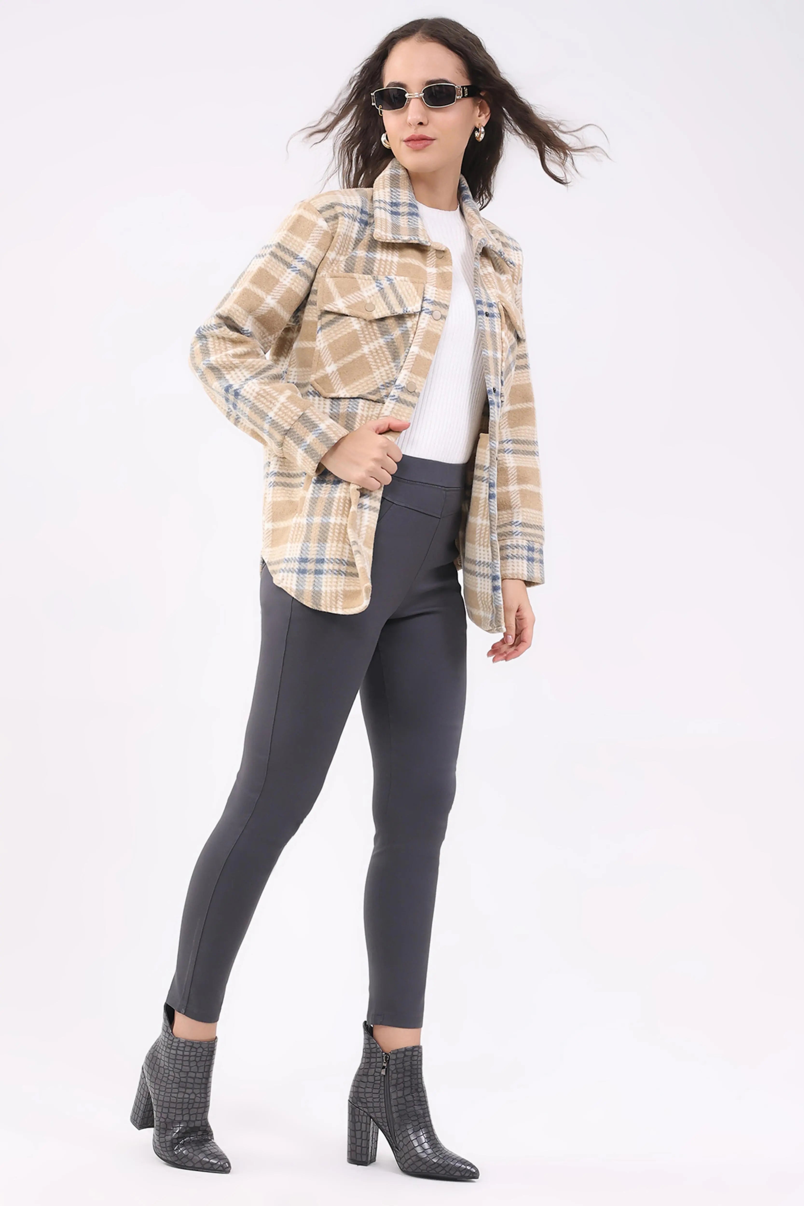 Beige Checked Wool Blend Winter Shacket - Global Republic