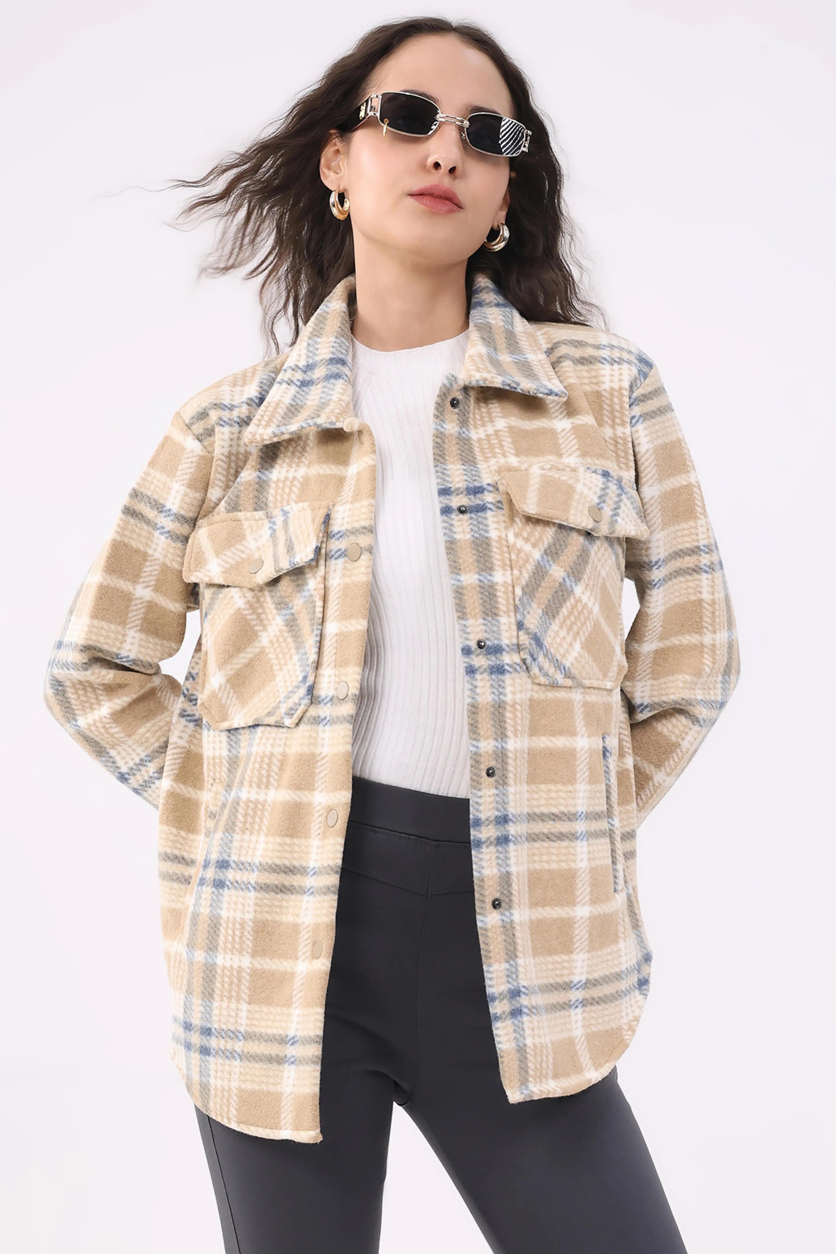 Beige Checked Wool Blend Winter Shacket - Global Republic