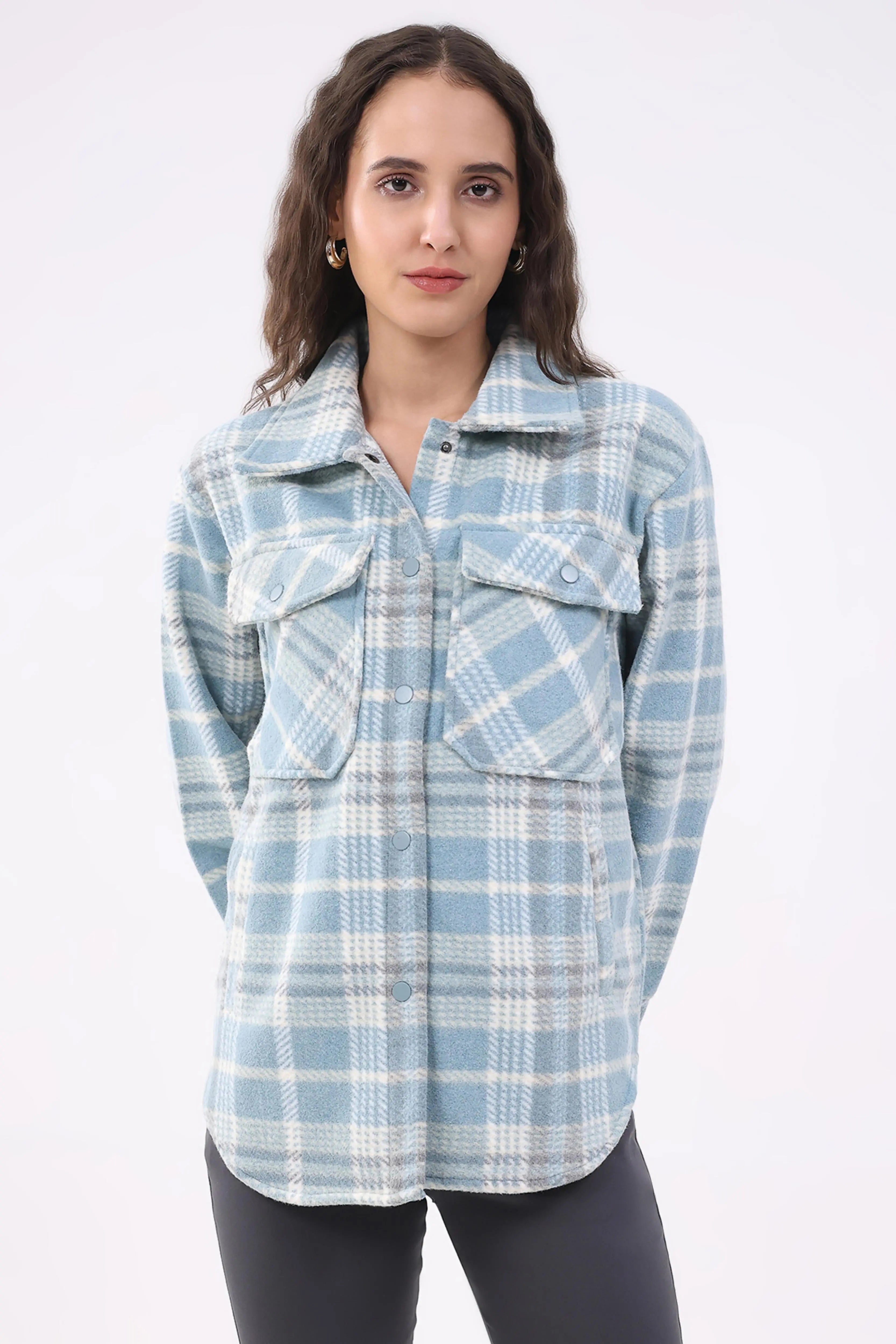 Blue Checked Wool Blend Winter Shacket - Global Republic