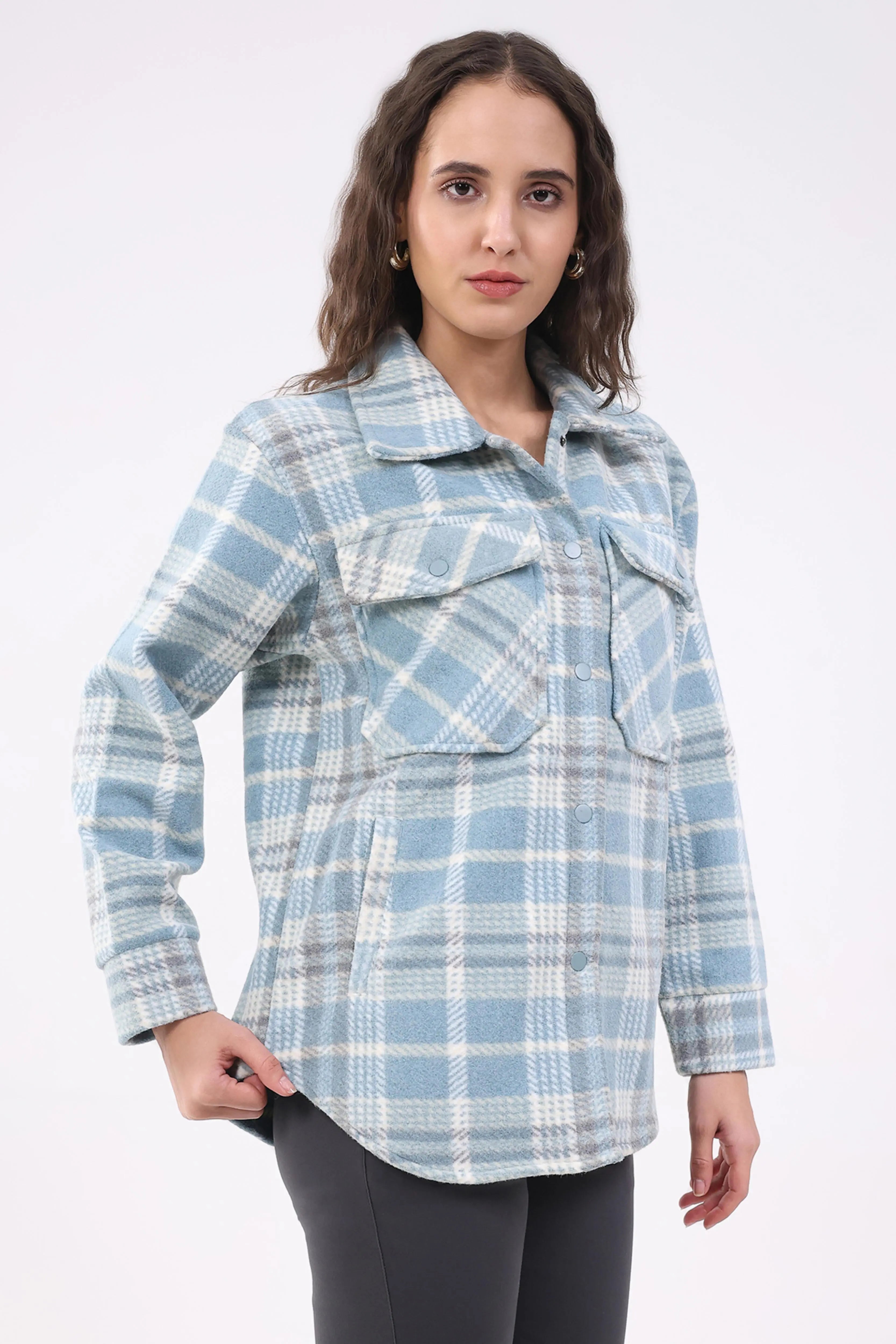 Blue Checked Wool Blend Winter Shacket - Global Republic