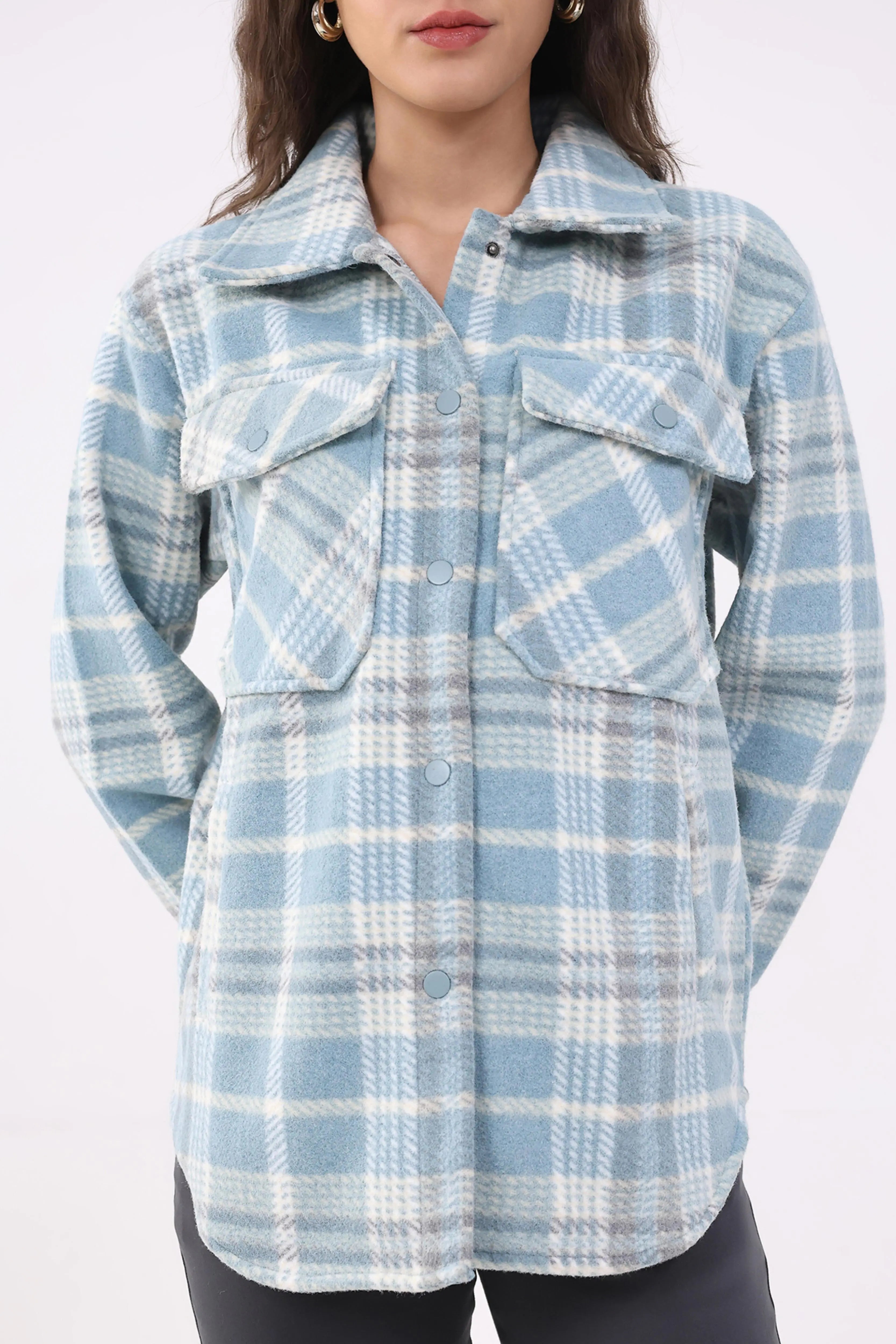 Blue Checked Wool Blend Winter Shacket - Global Republic