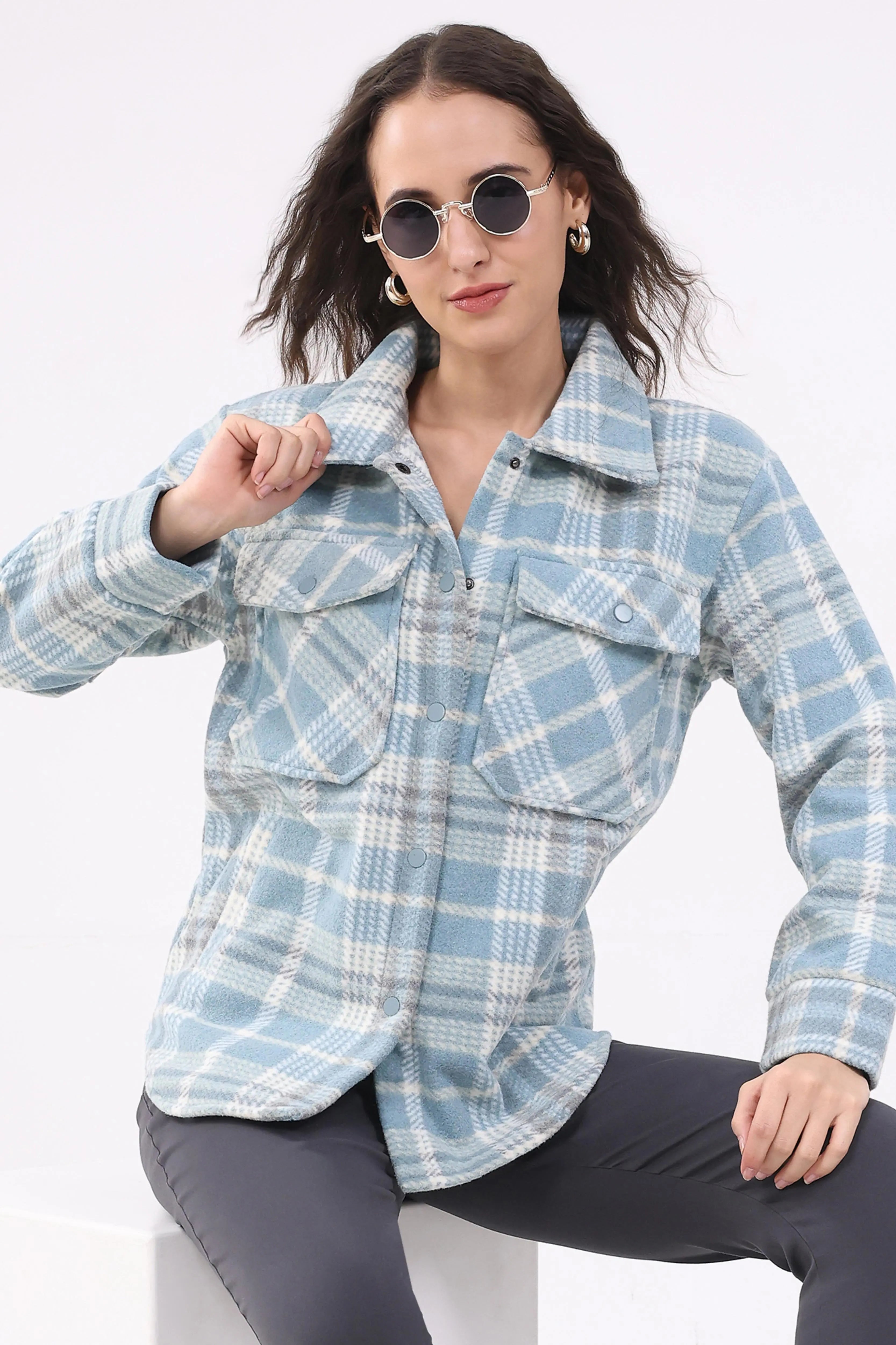 Blue Checked Wool Blend Winter Shacket - Global Republic