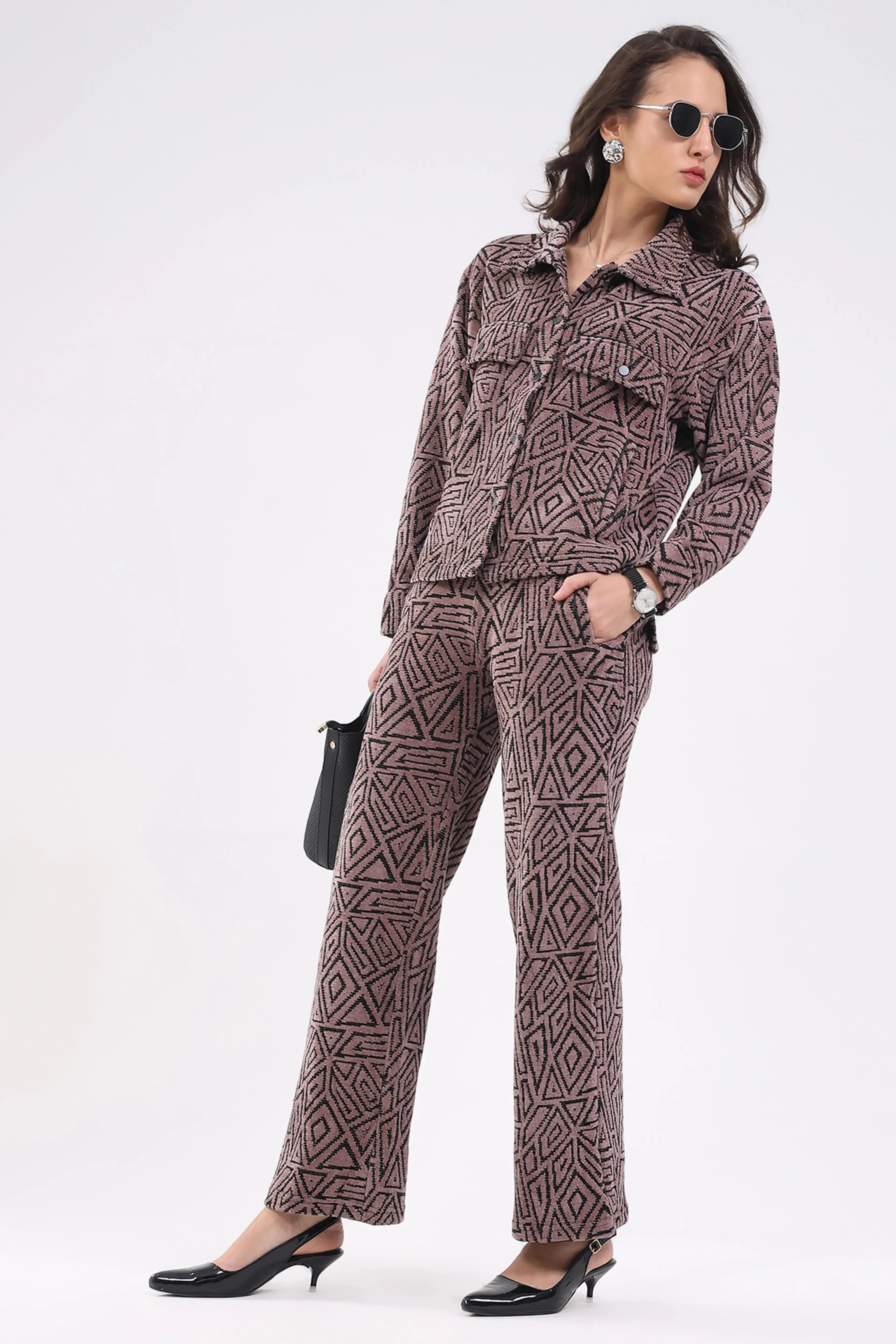 Mauve Wool Blend Winter Co-ord Set - Global Republic