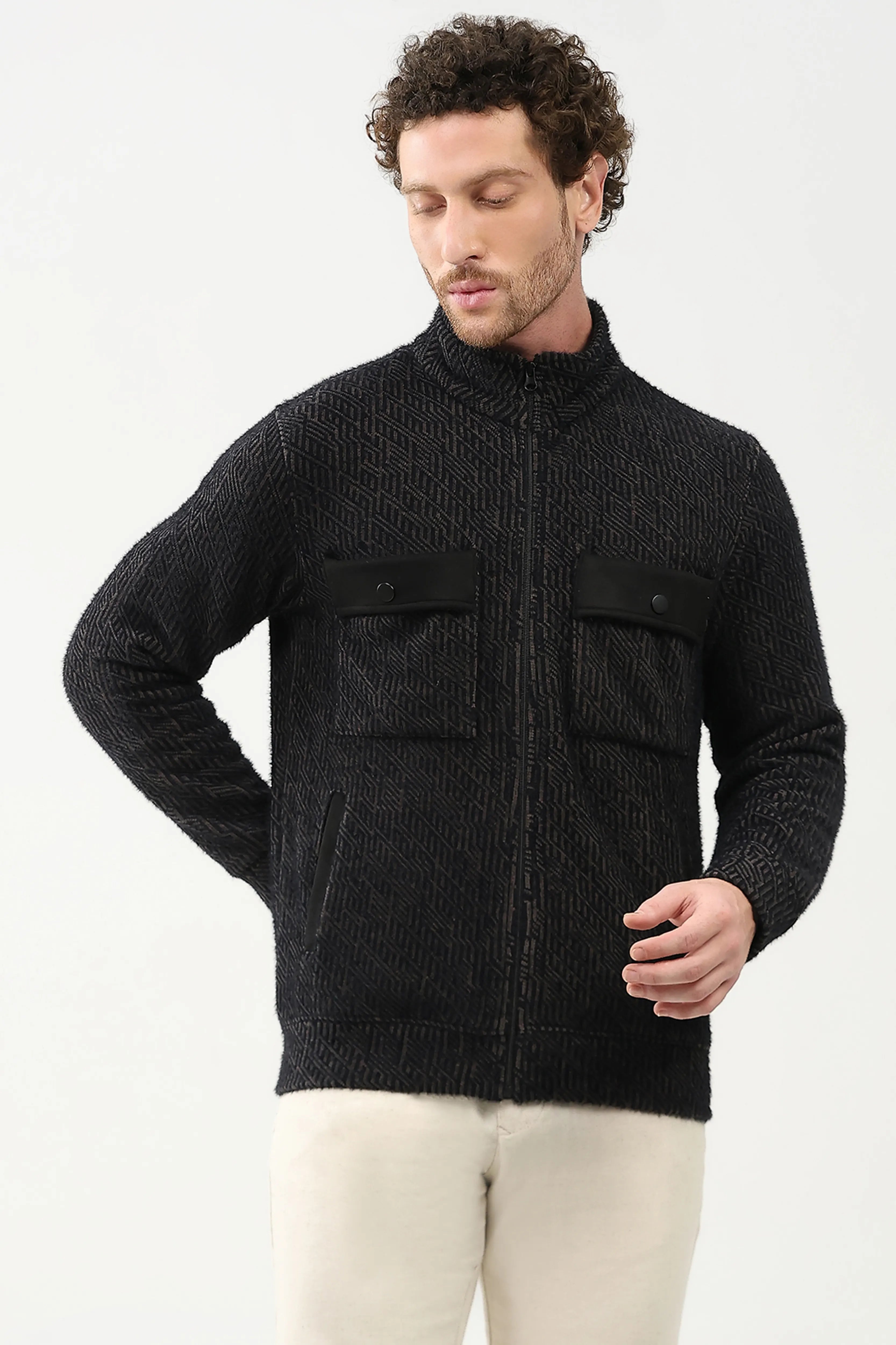 Wool-Blend Stand Collar Jacket