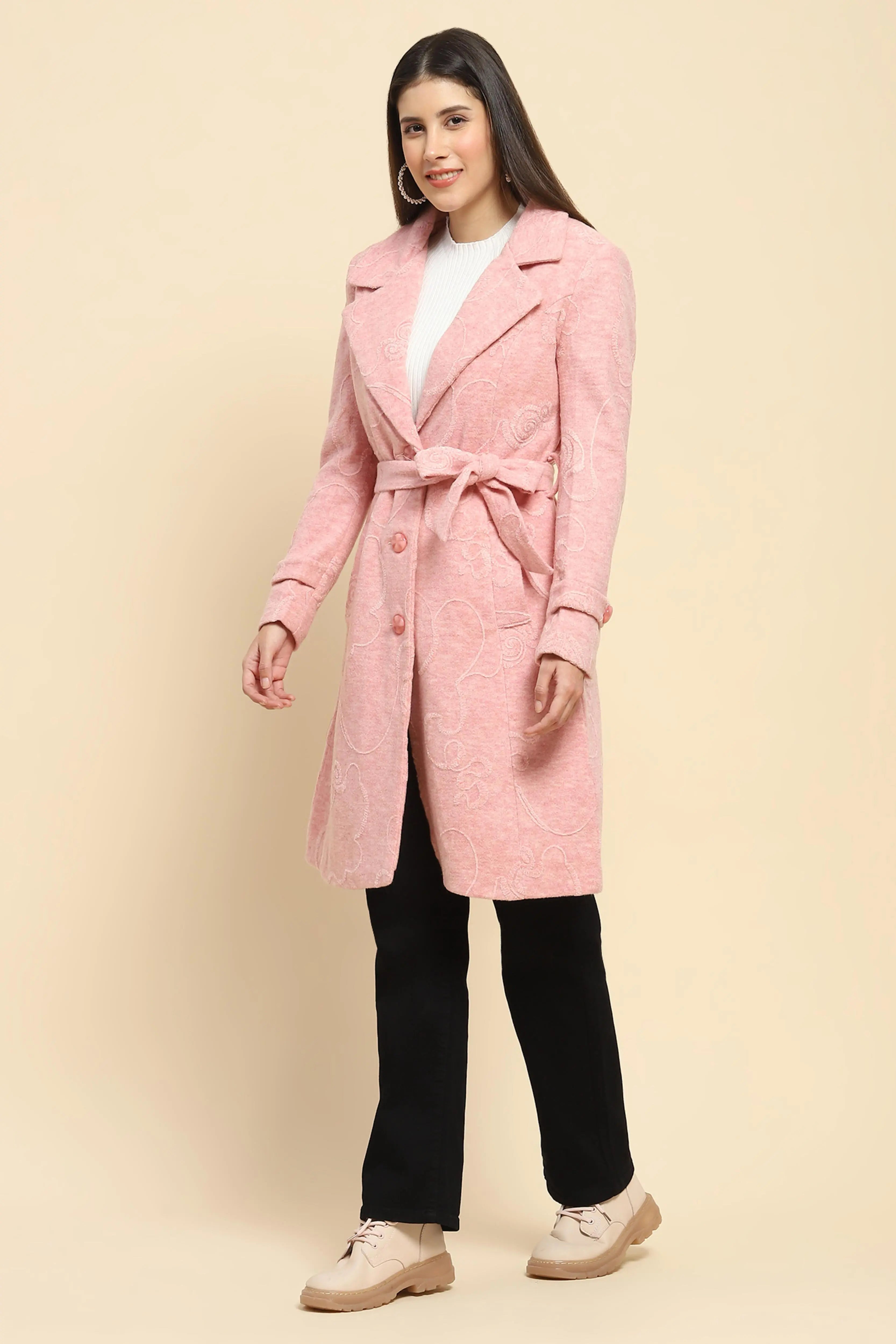 Pink Self Design Long Winter Coat - Global Republic