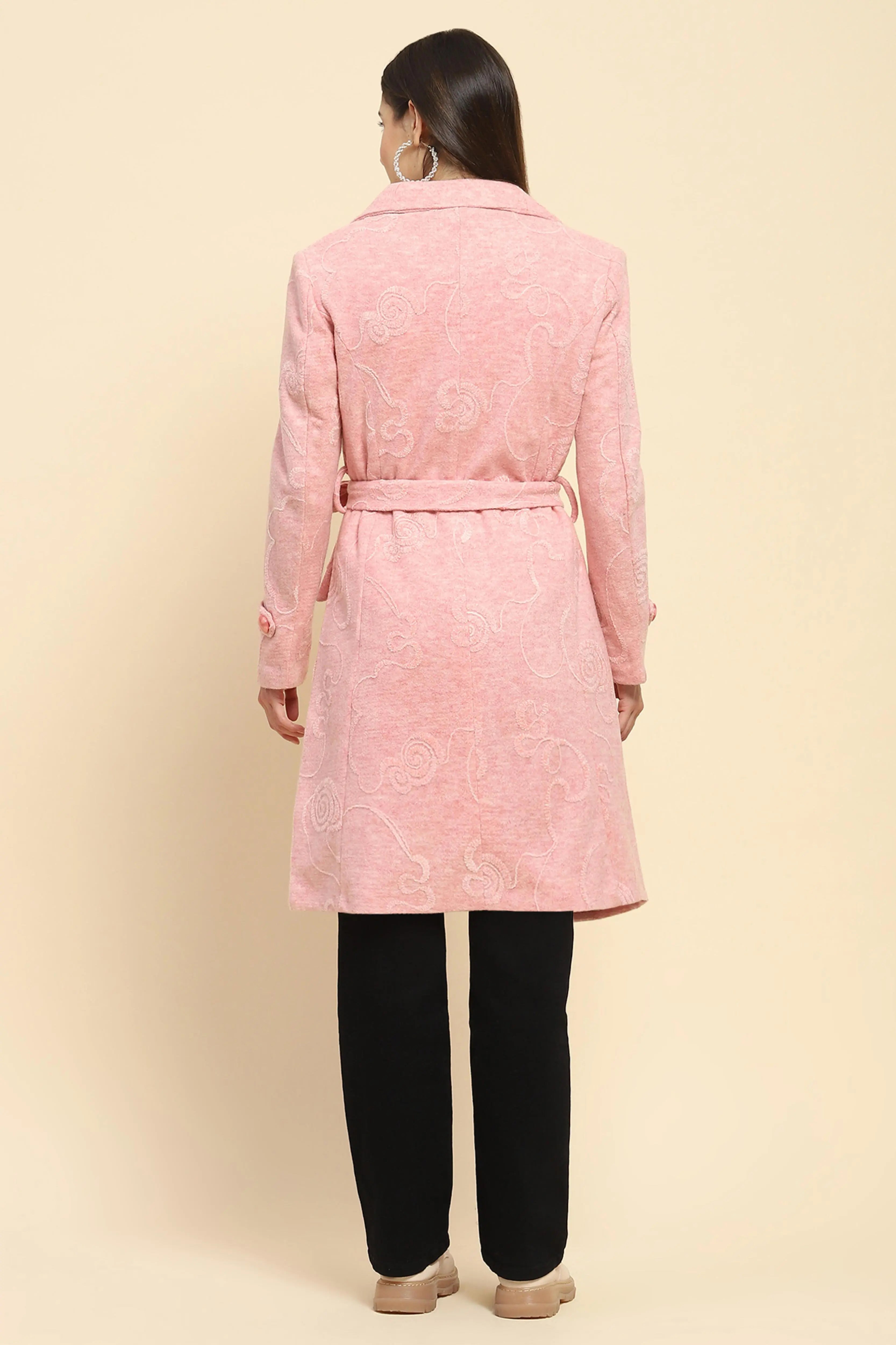 Pink Self Design Long Winter Coat - Global Republic