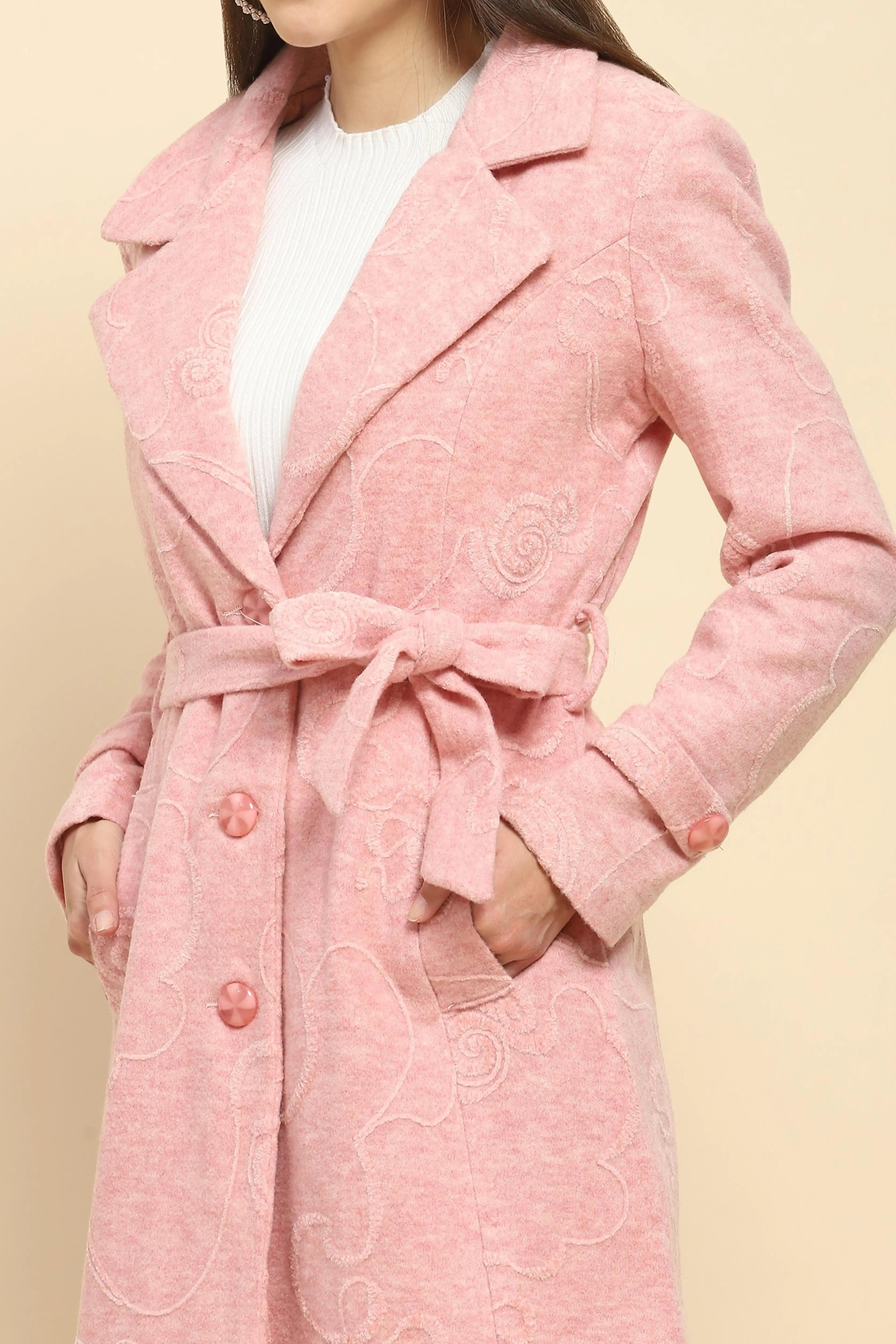Pink Self Design Long Winter Coat - Global Republic