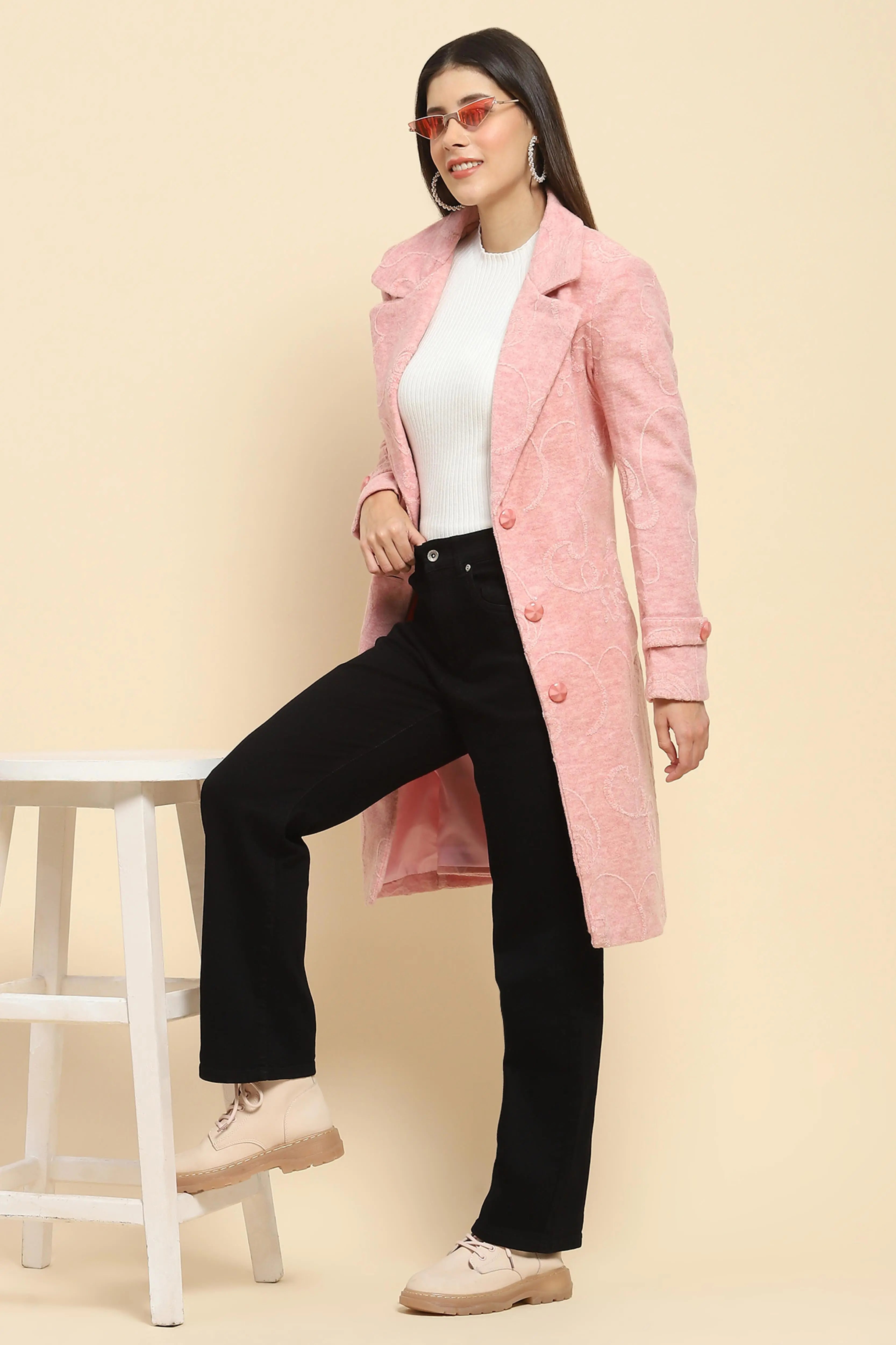 Pink Self Design Long Winter Coat - Global Republic