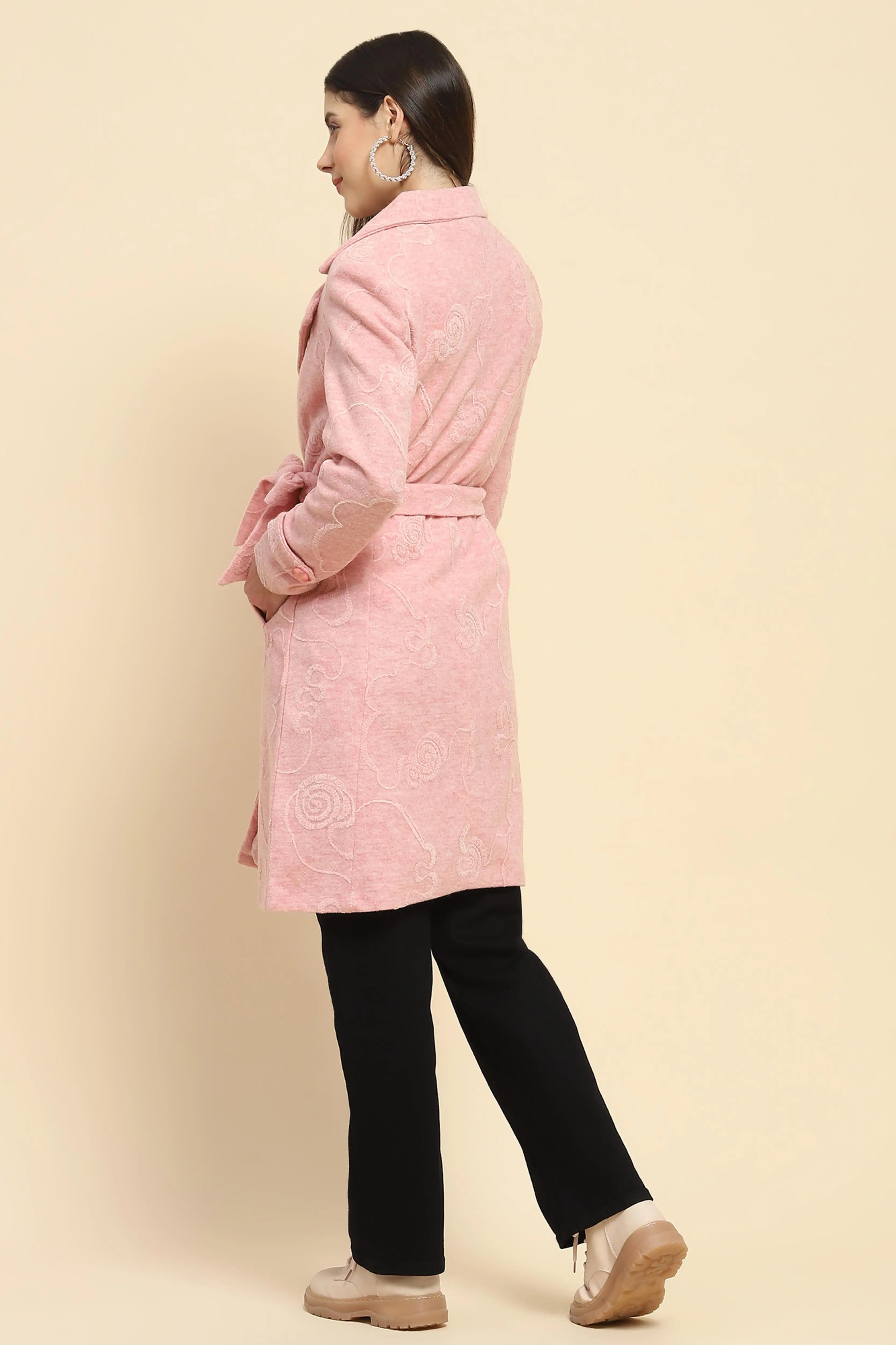 Pink Self Design Long Winter Coat - Global Republic
