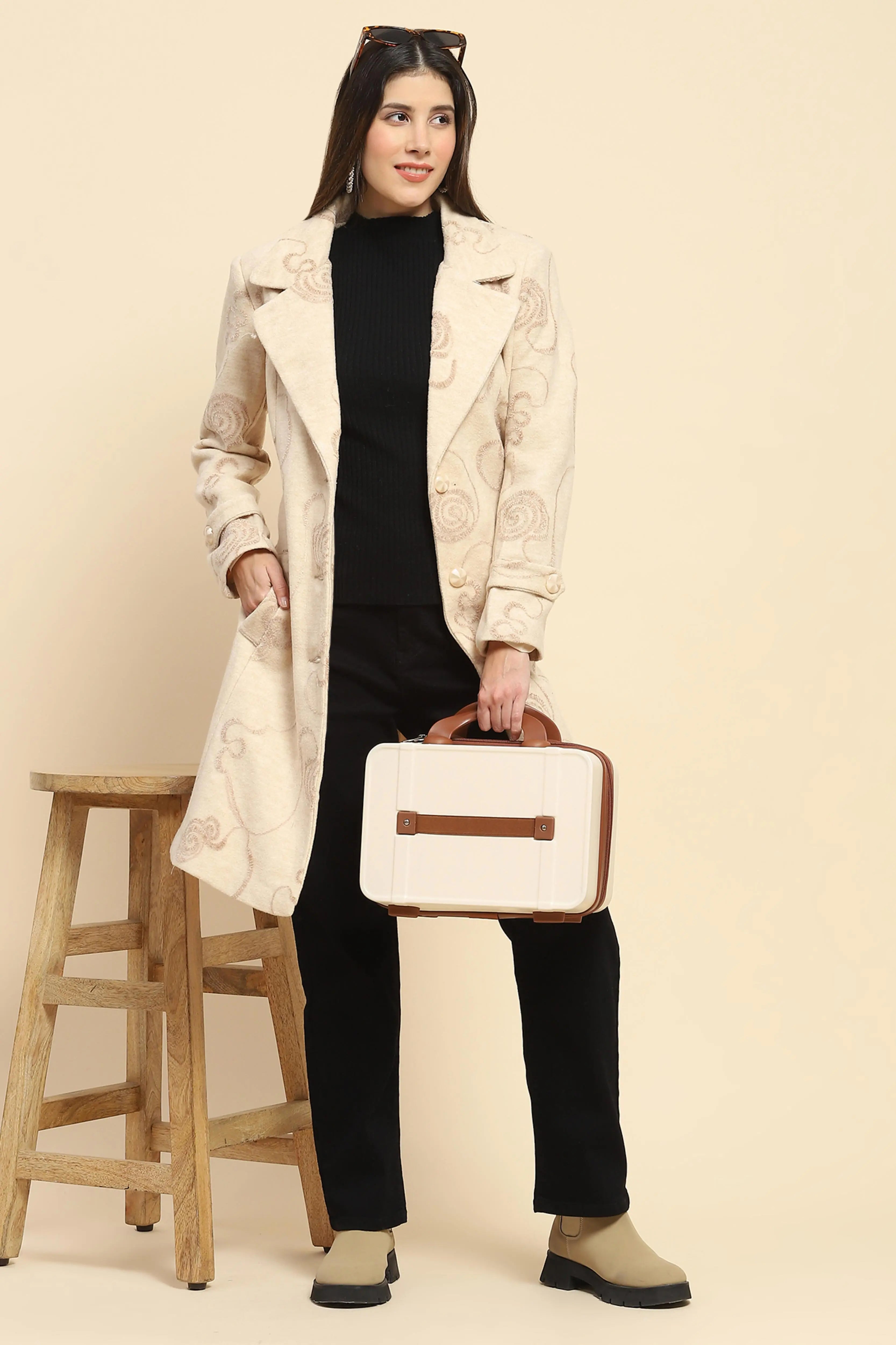 Beige Self Design Long Winter Coat - Global Republic