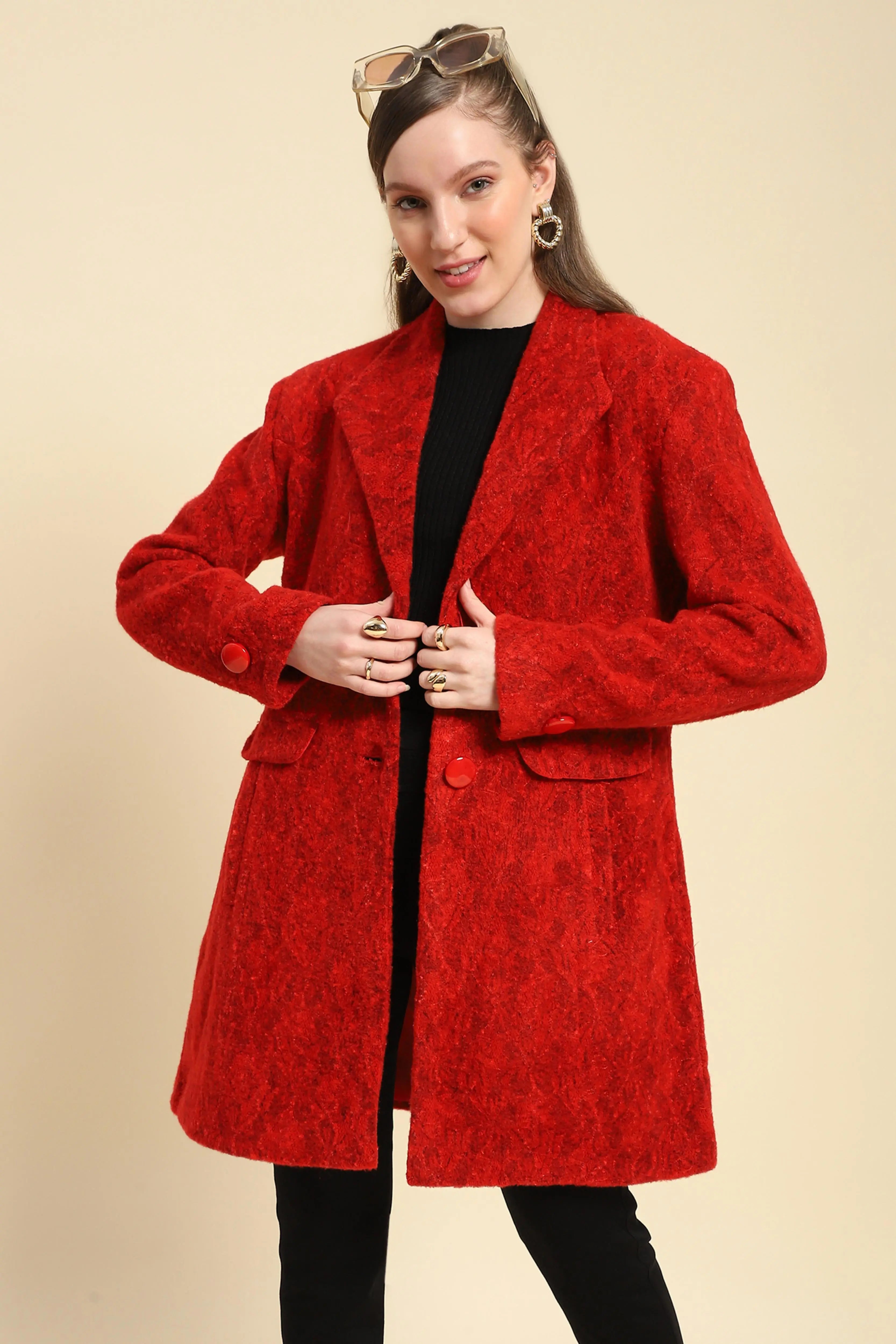 Red Self Design  Acrylic Coat - Global Republic