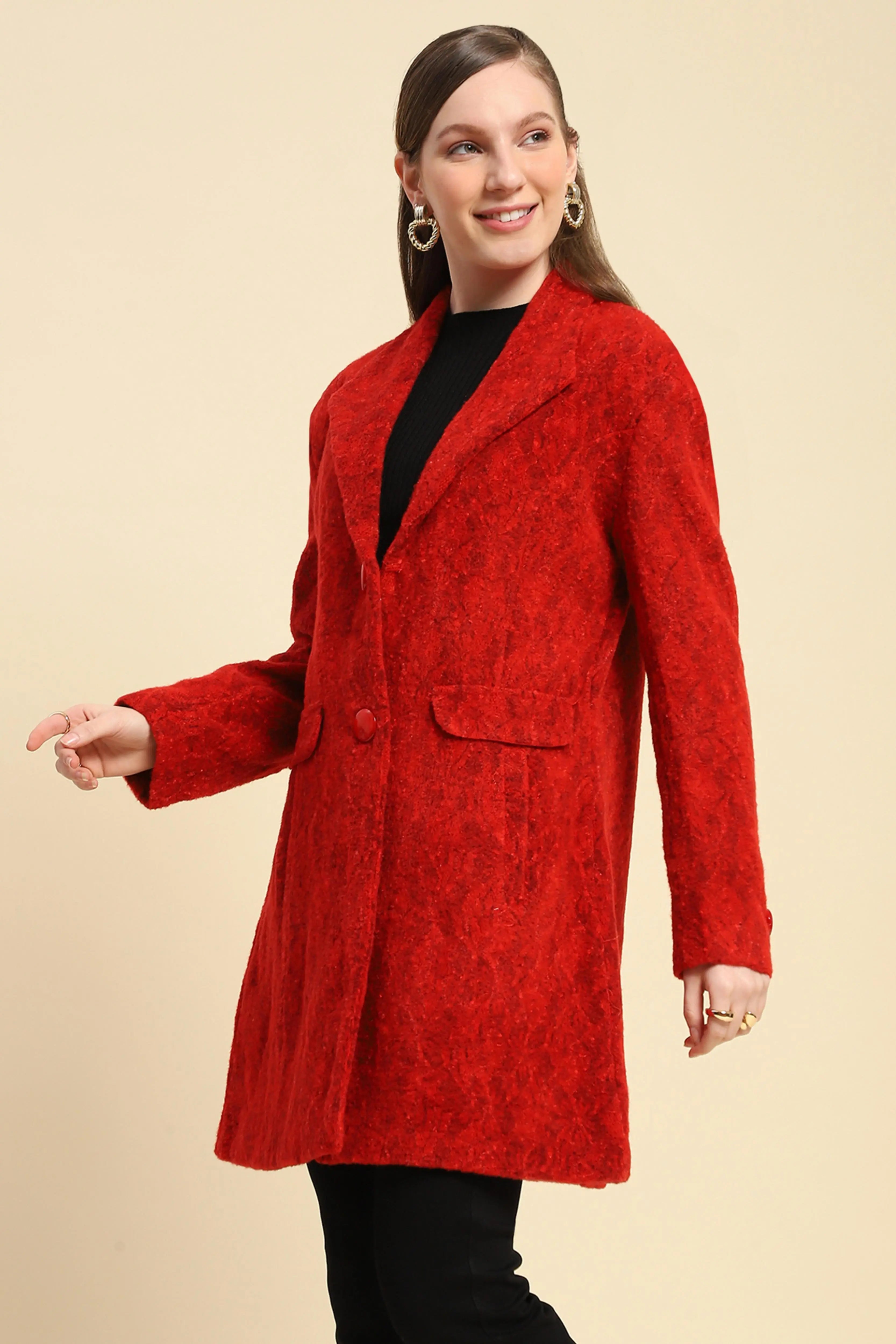 Red Self Design  Acrylic Coat - Global Republic