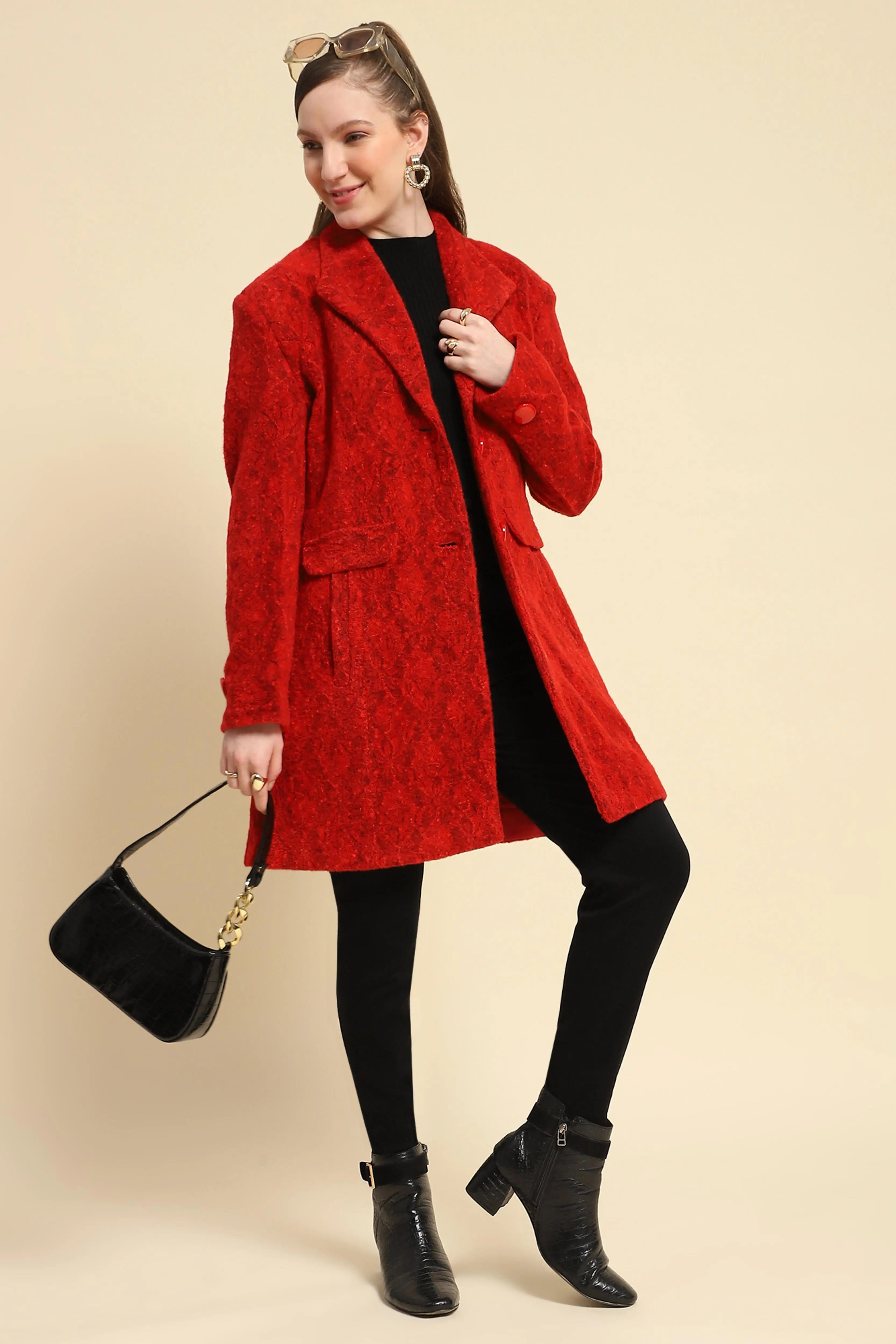 Red Self Design  Acrylic Coat - Global Republic