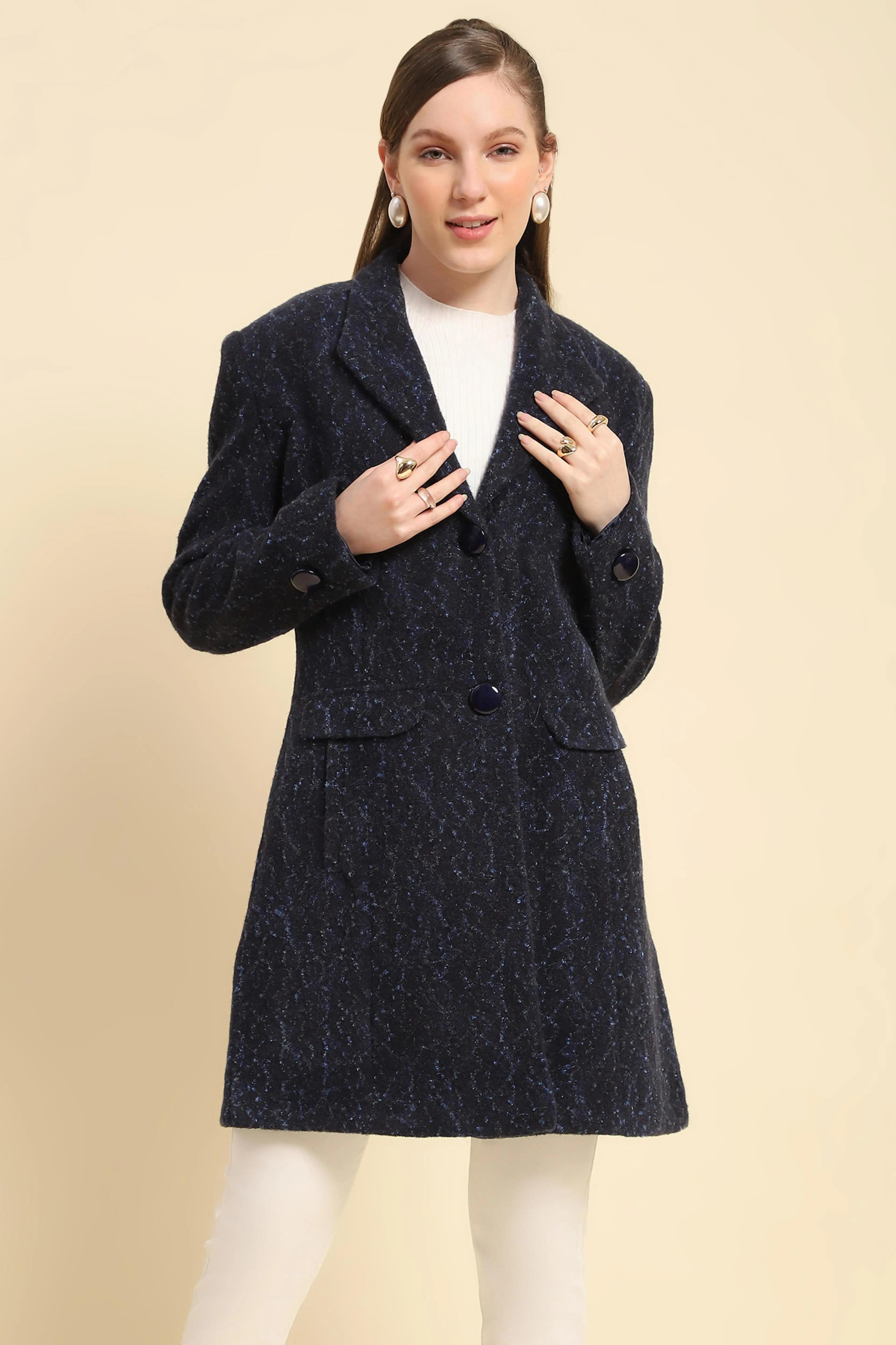 Navy Self Design  Acrylic Coat - Global Republic