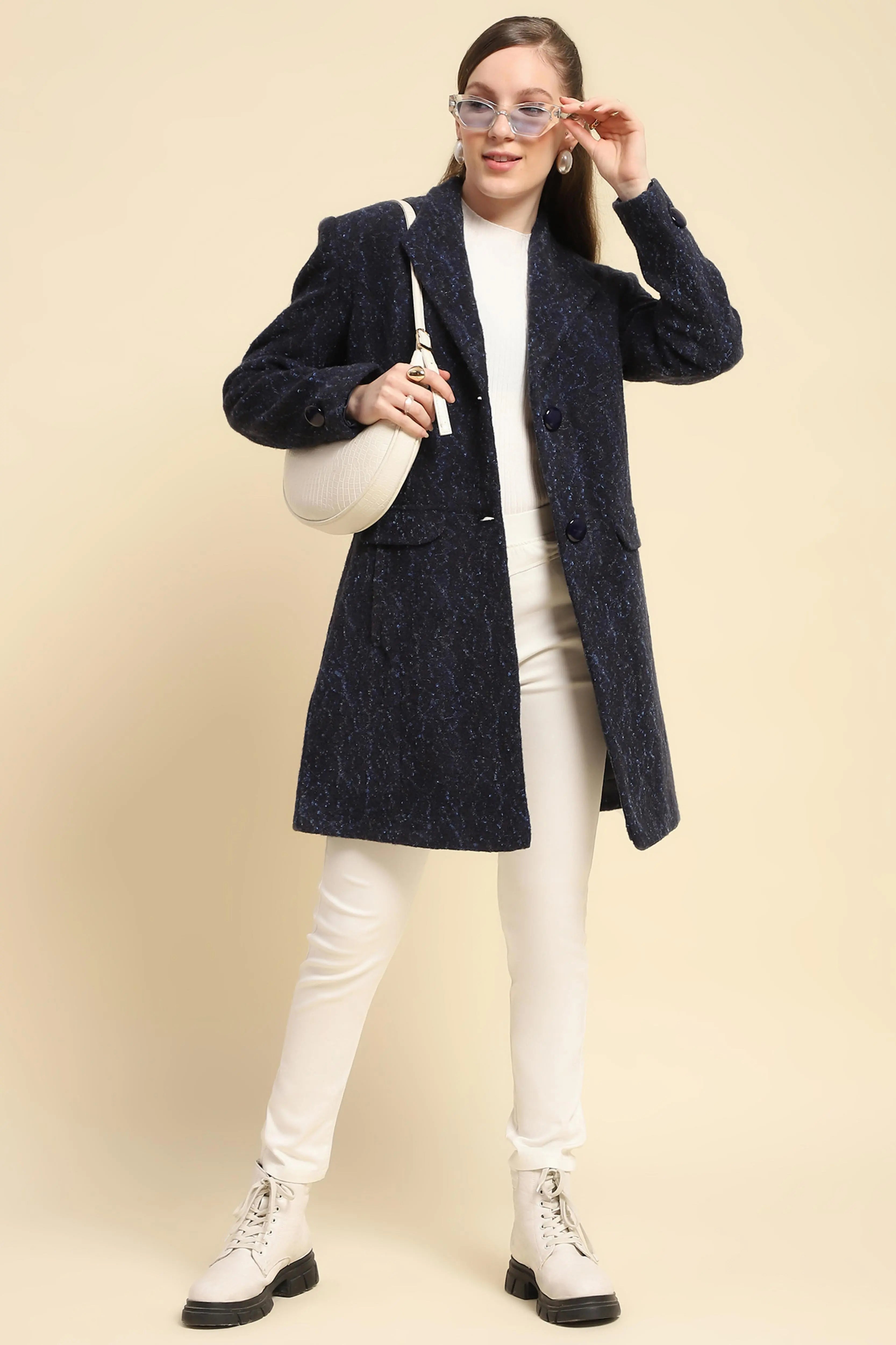 Navy Self Design  Acrylic Coat - Global Republic