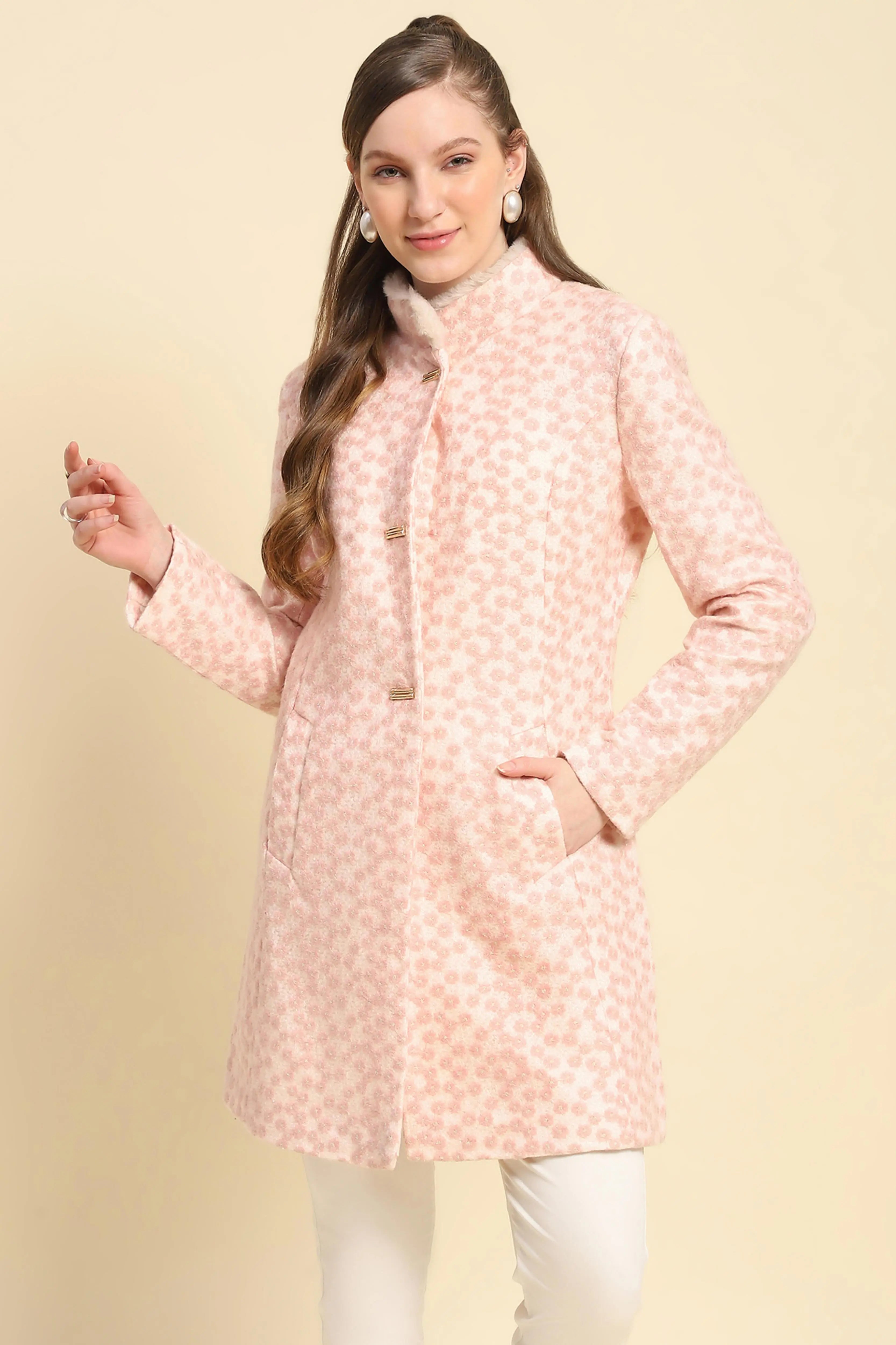Pink Floral Embroidered  Acrylic Coat - Global Republic