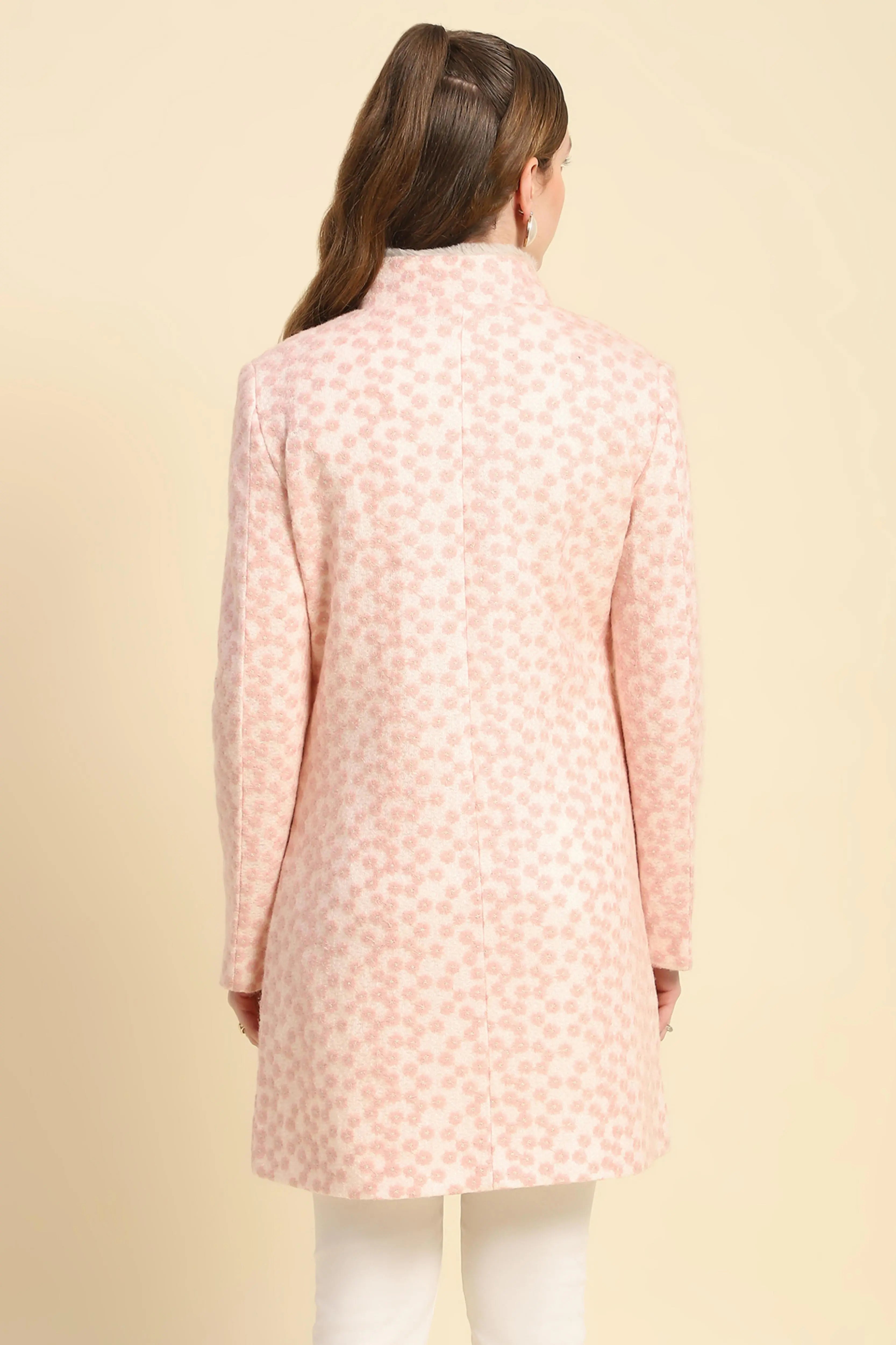 Pink Floral Embroidered  Acrylic Coat - Global Republic