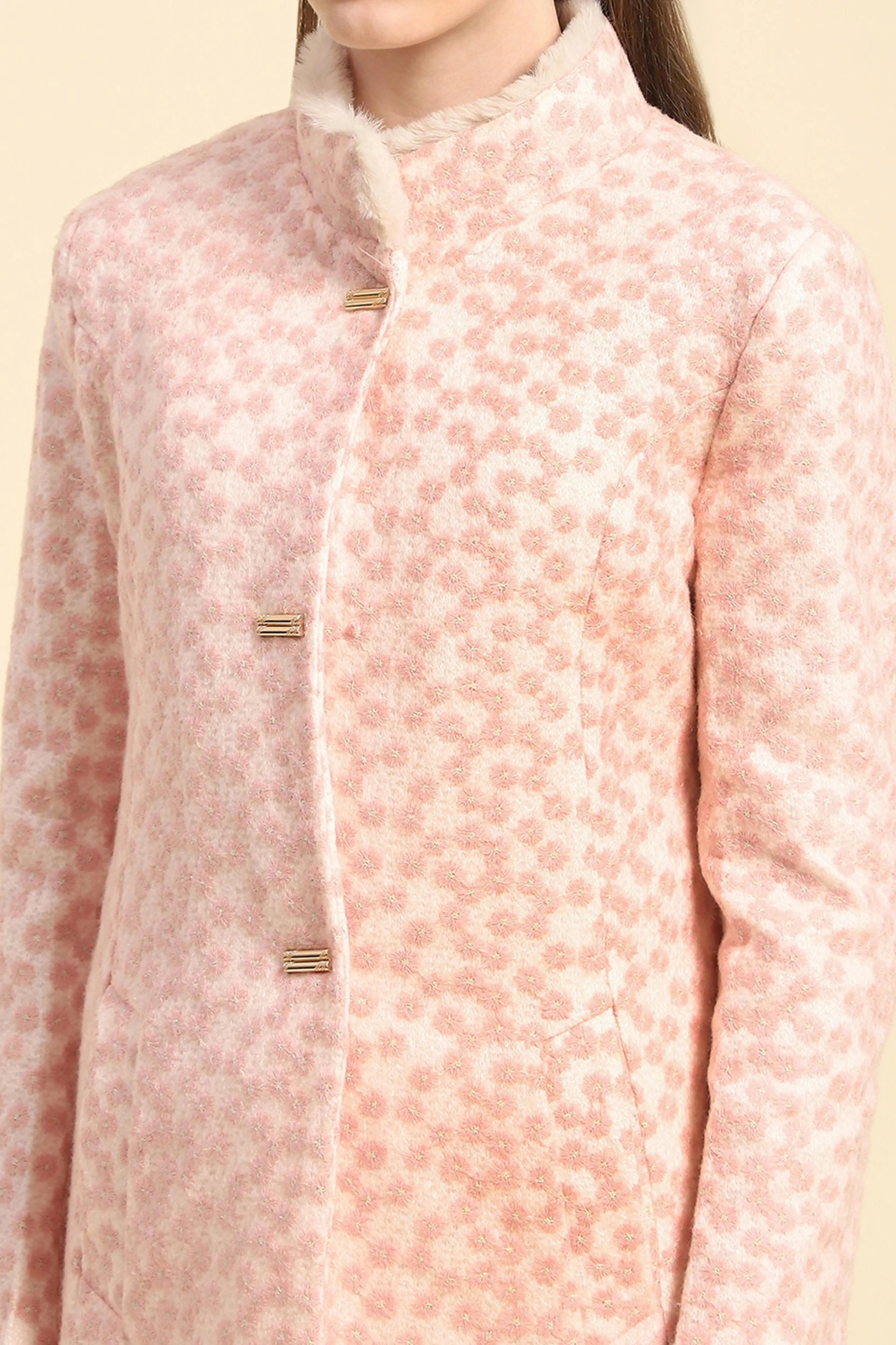 Pink Floral Embroidered  Acrylic Coat - Global Republic