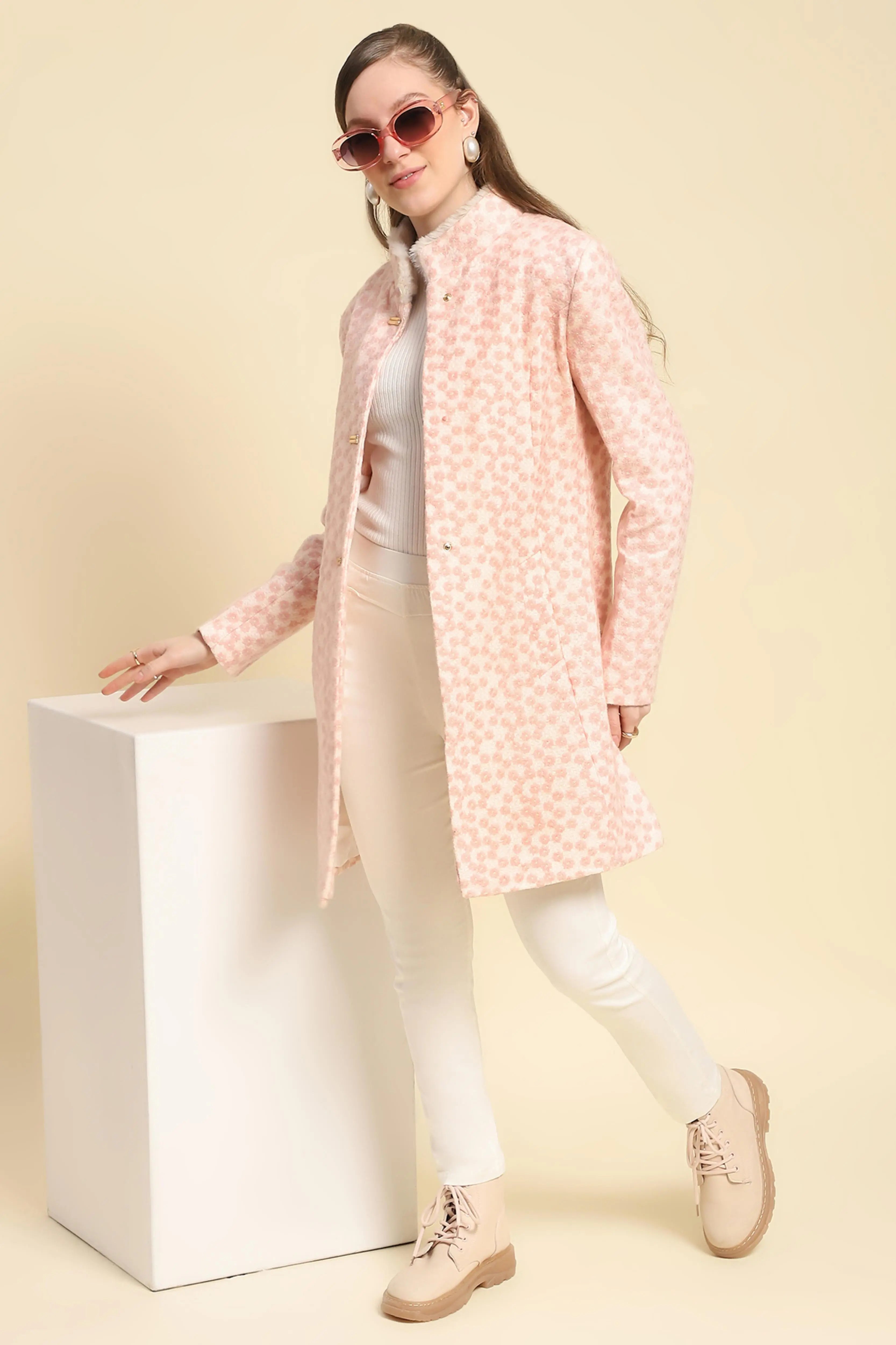 Pink Floral Embroidered  Acrylic Coat - Global Republic