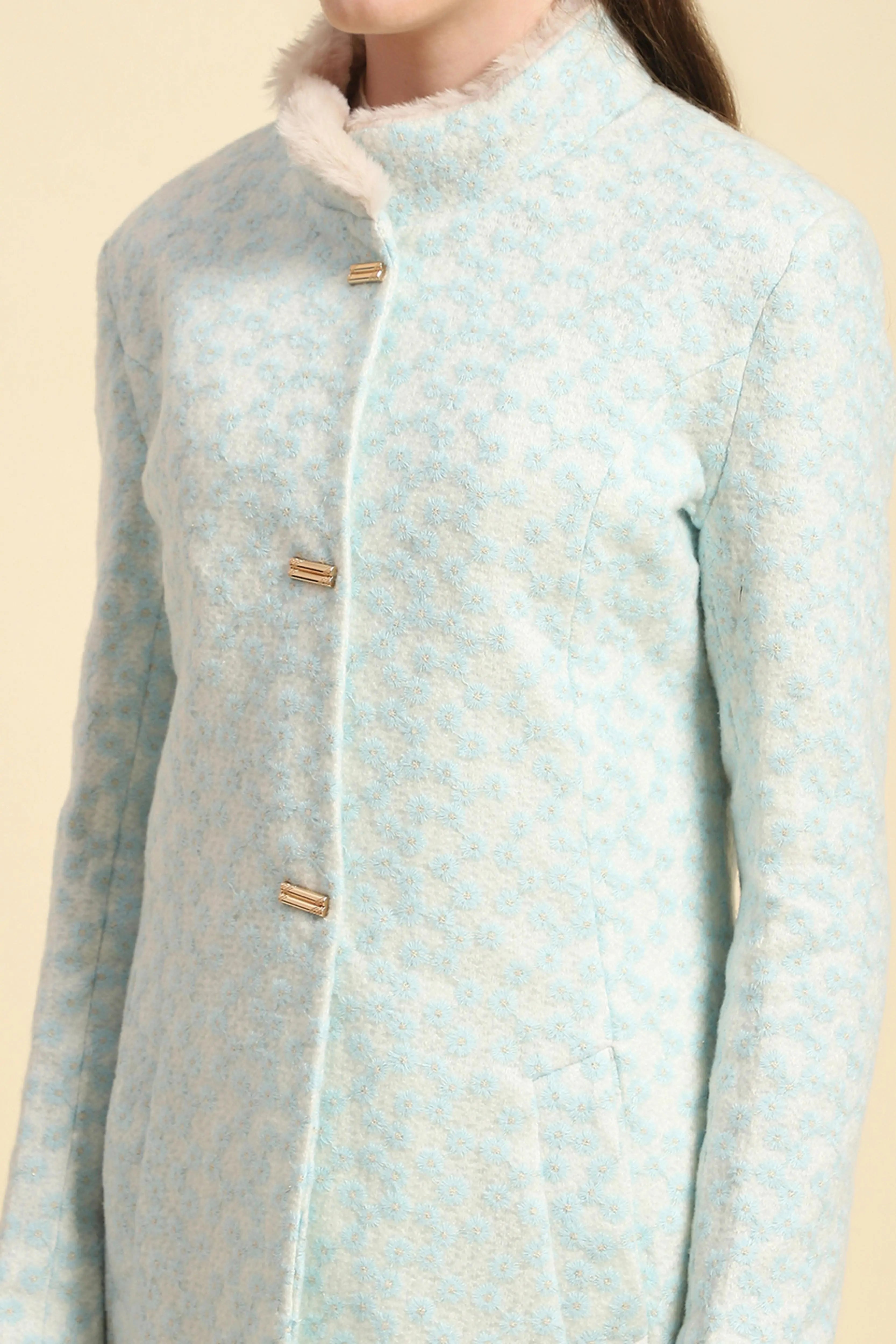 Sky Floral Embroidered  Acrylic Coat - Global Republic