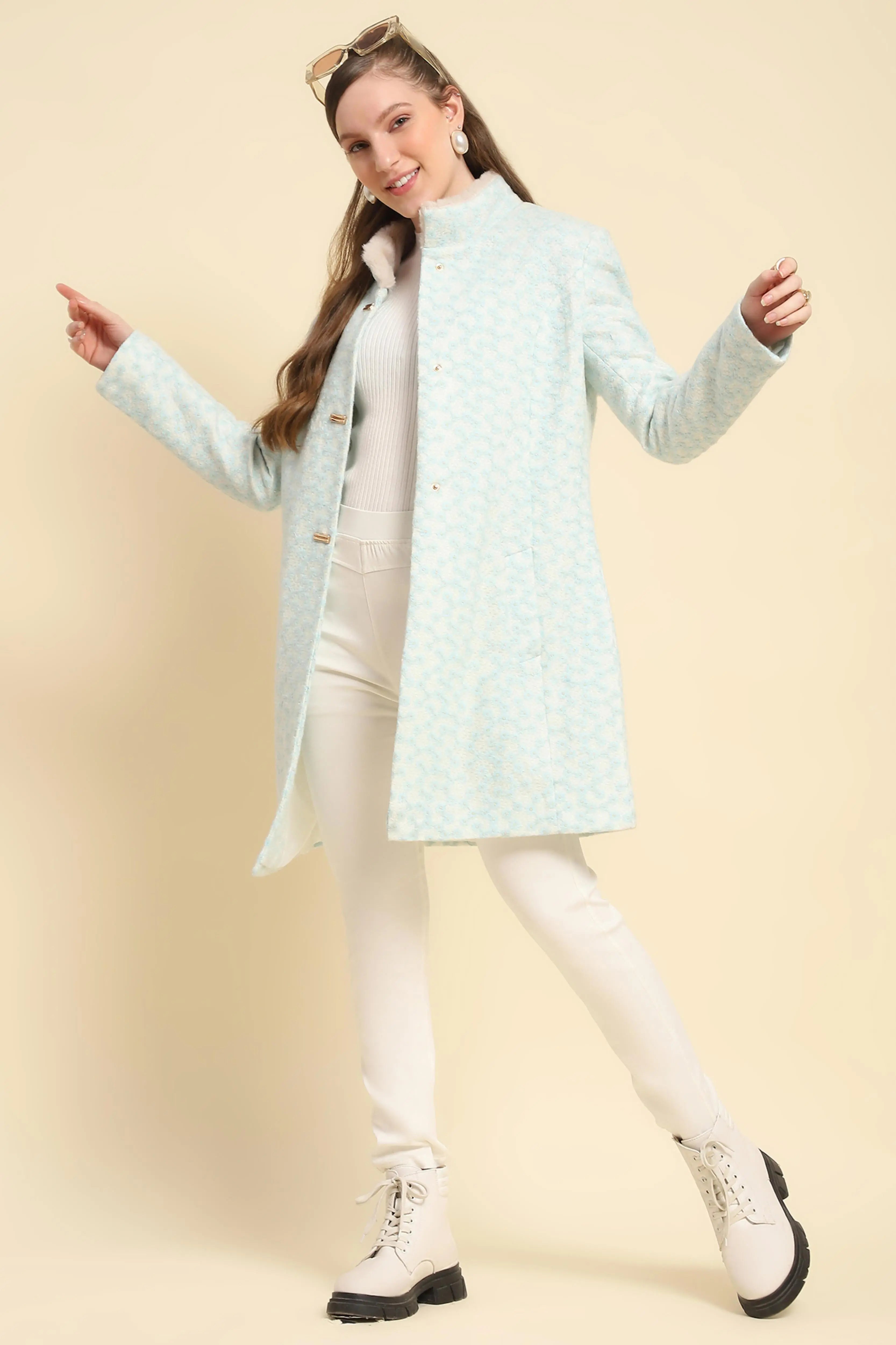 Sky Floral Embroidered  Acrylic Coat - Global Republic