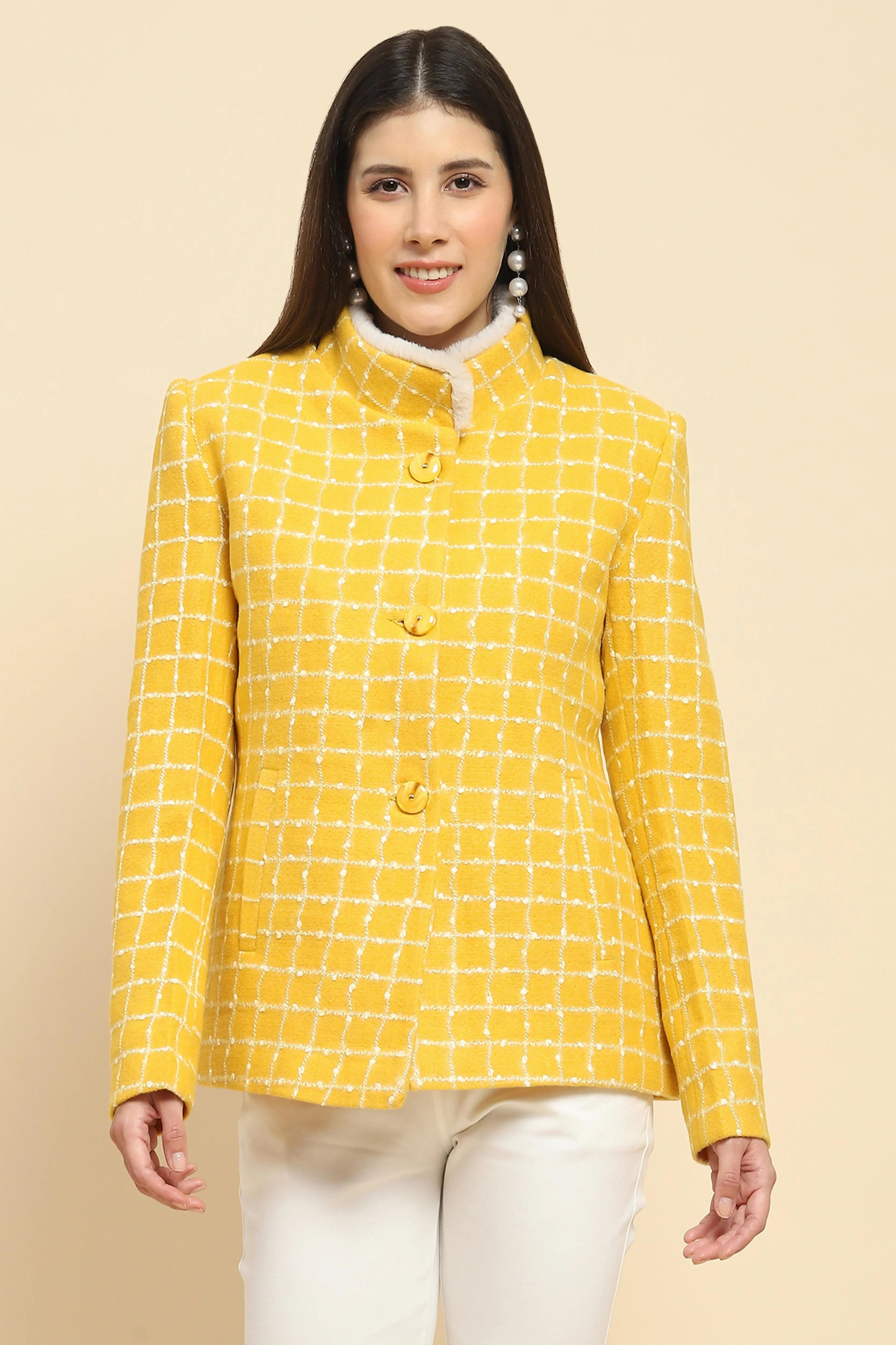 Mustard  Acrylic Check Winter Coat - Global Republic