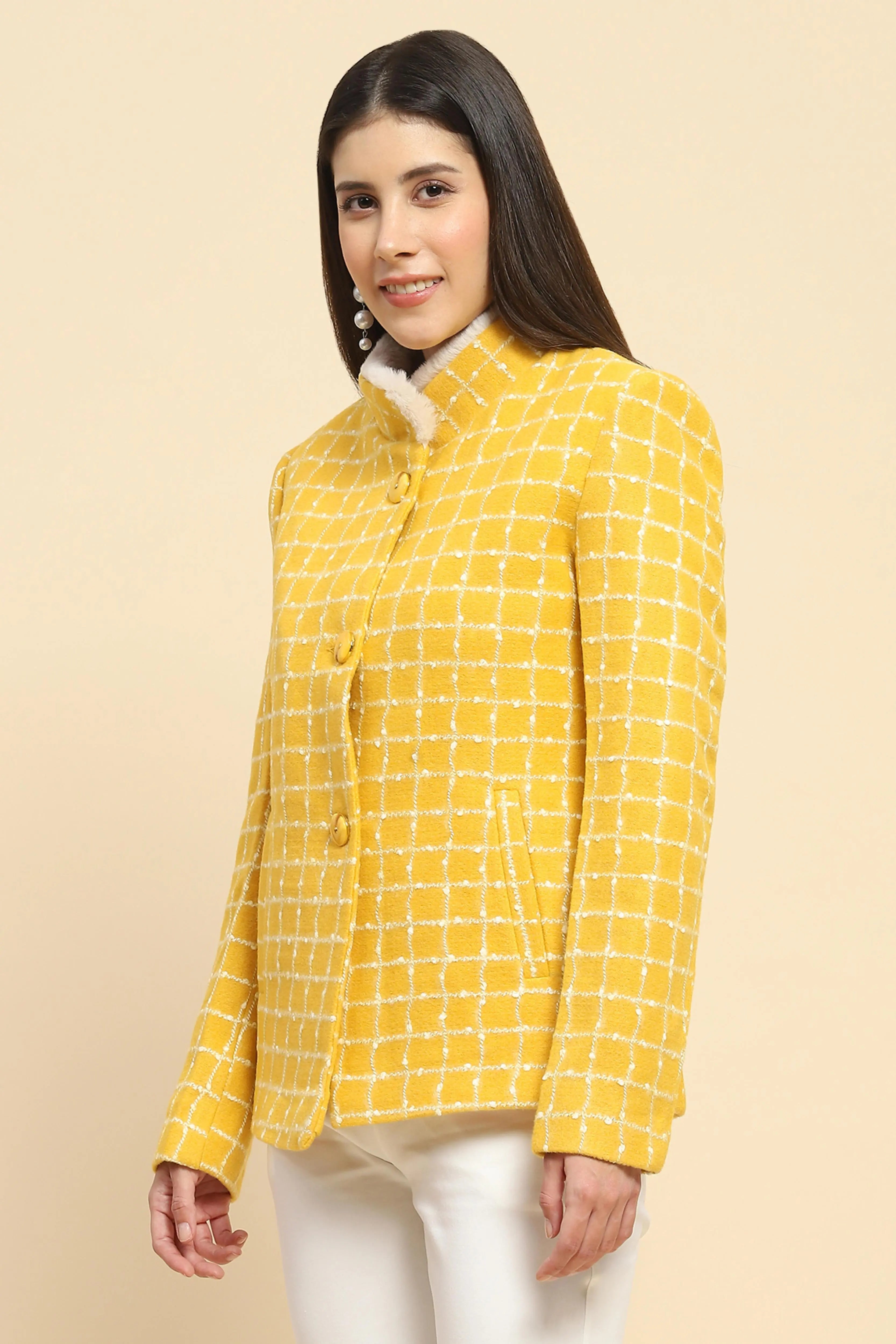 Mustard  Acrylic Check Winter Coat - Global Republic