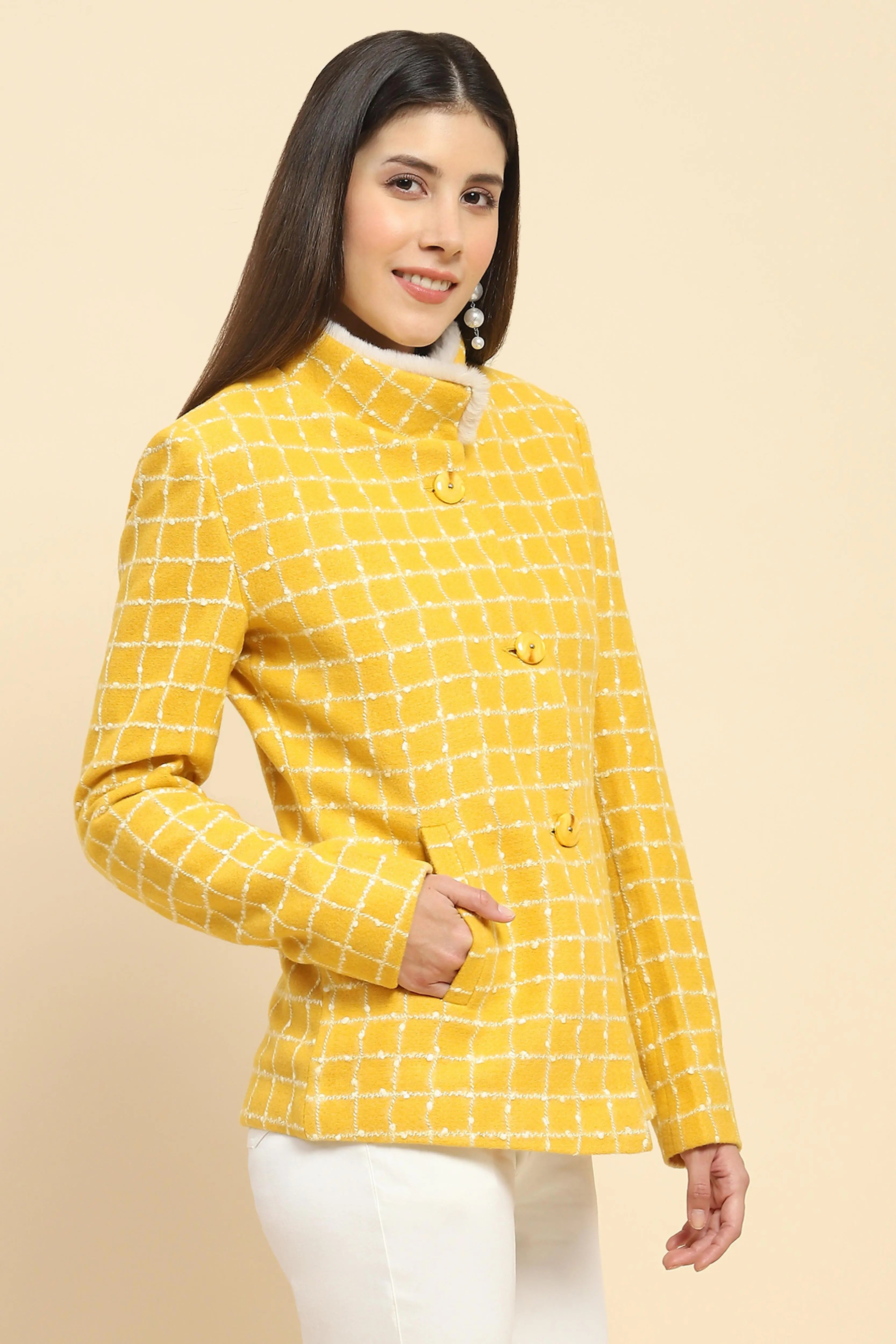 Mustard  Acrylic Check Winter Coat - Global Republic