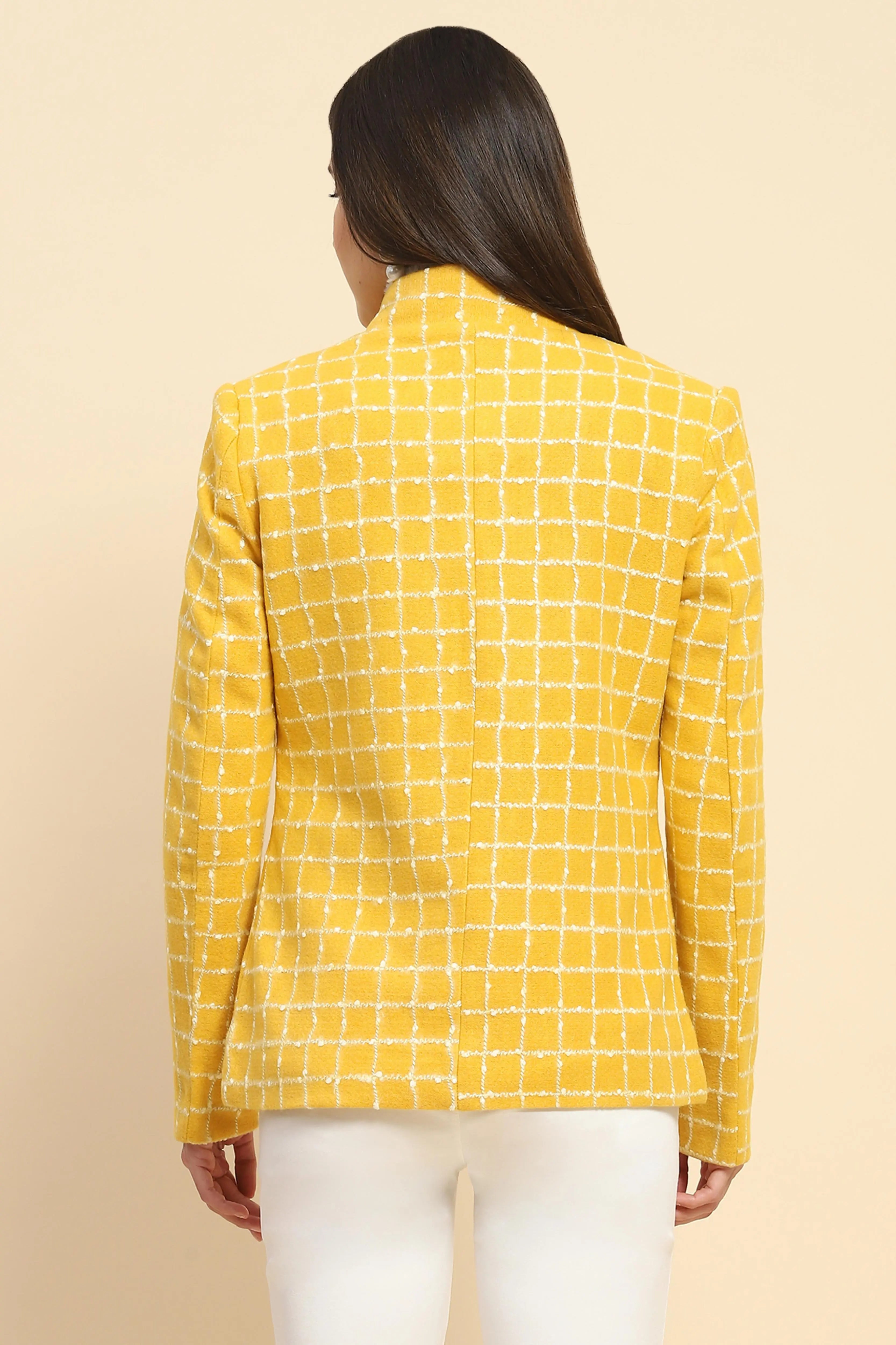 Mustard  Acrylic Check Winter Coat - Global Republic