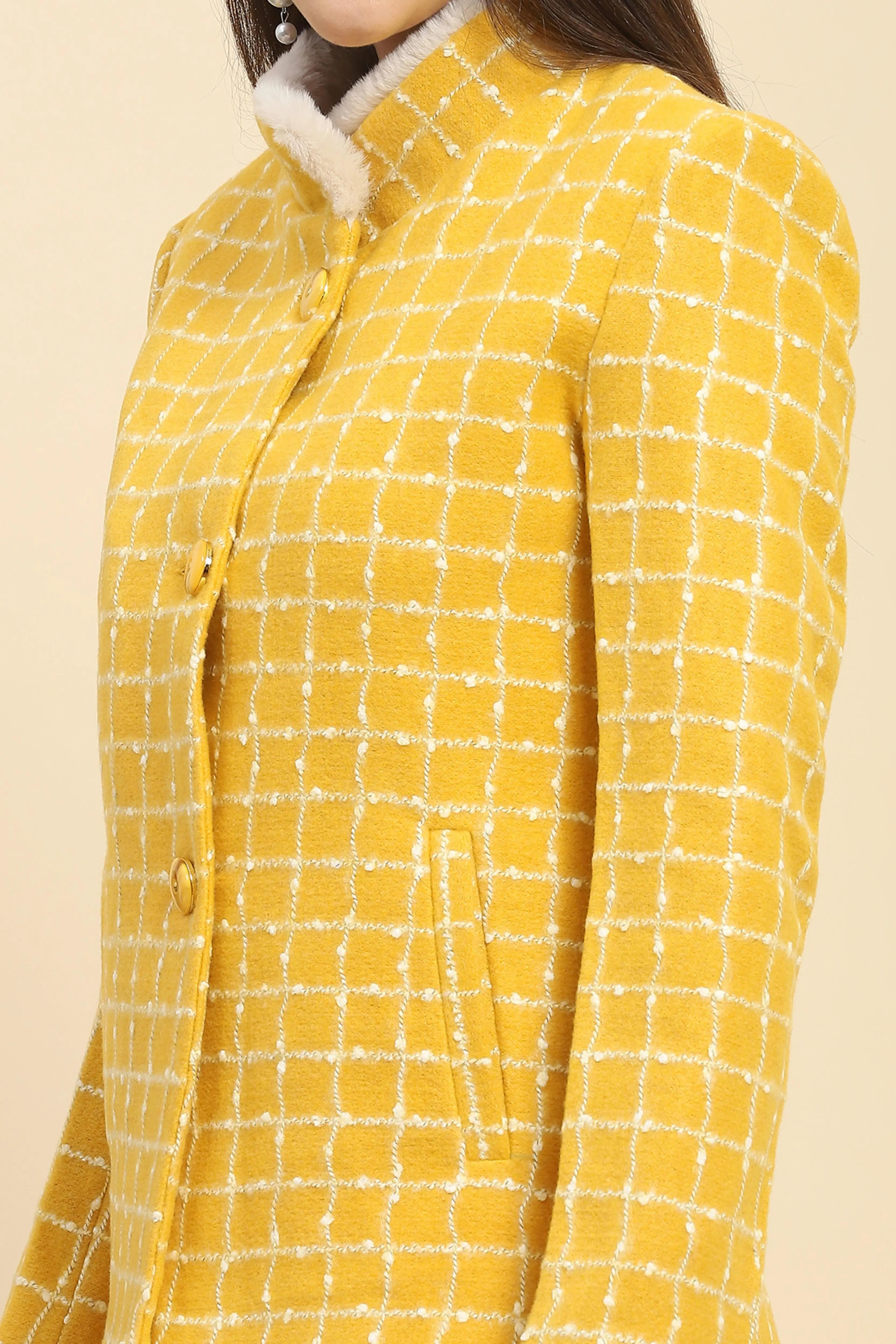 Mustard  Acrylic Check Winter Coat - Global Republic