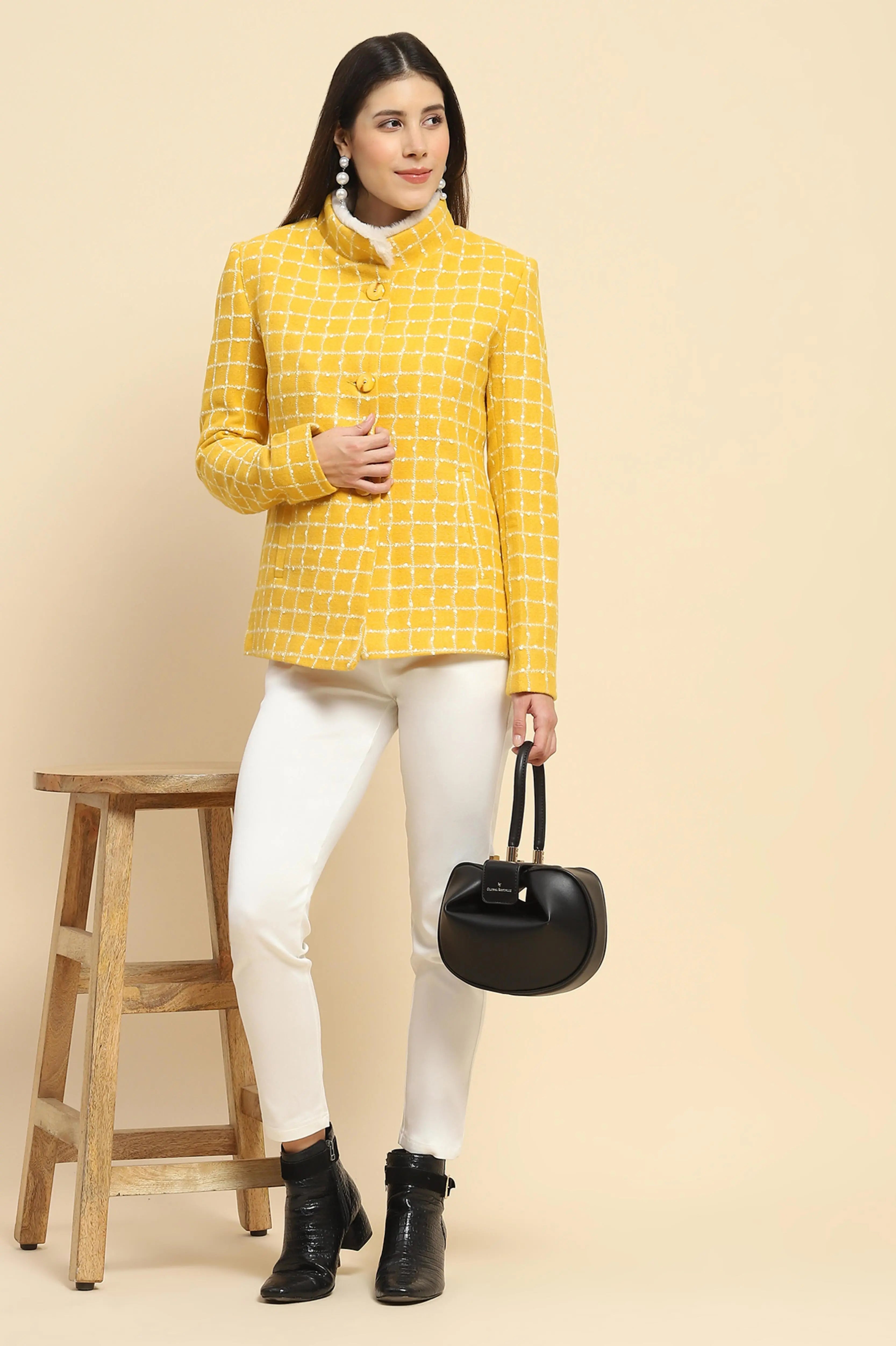 Mustard  Acrylic Check Winter Coat - Global Republic